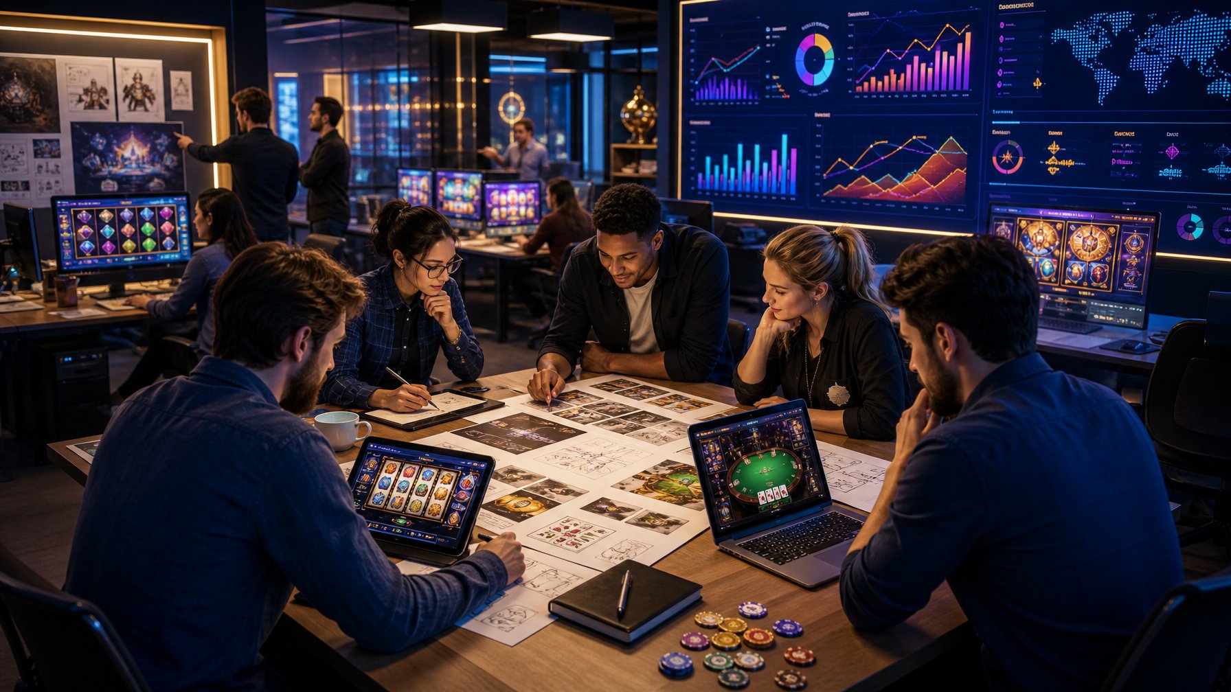 A Modern Office With Professionals Collaborating Around A Table With Computers And Game Design Materials, Surrounded By Screens Showing Casino Game Graphics And Performance Charts.