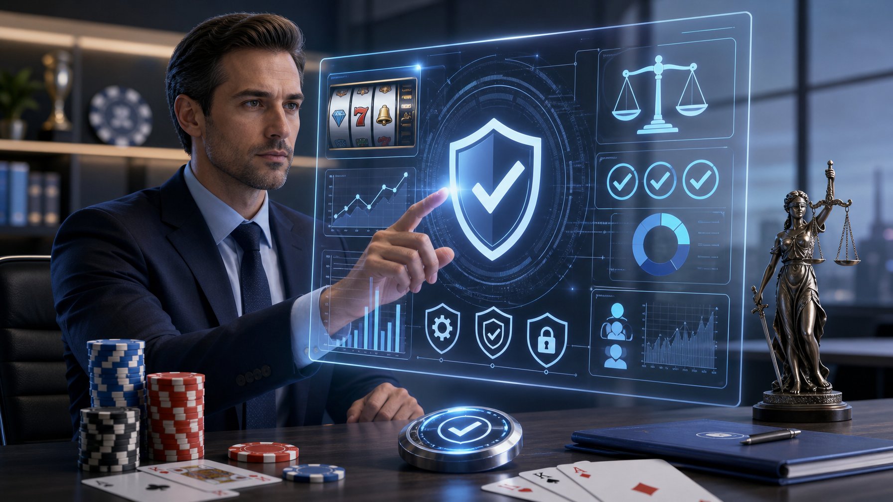 A Business Professional Reviewing Digital Casino Game Data And Fairness Symbols In A Modern Office Setting With Casino Elements In The Background.