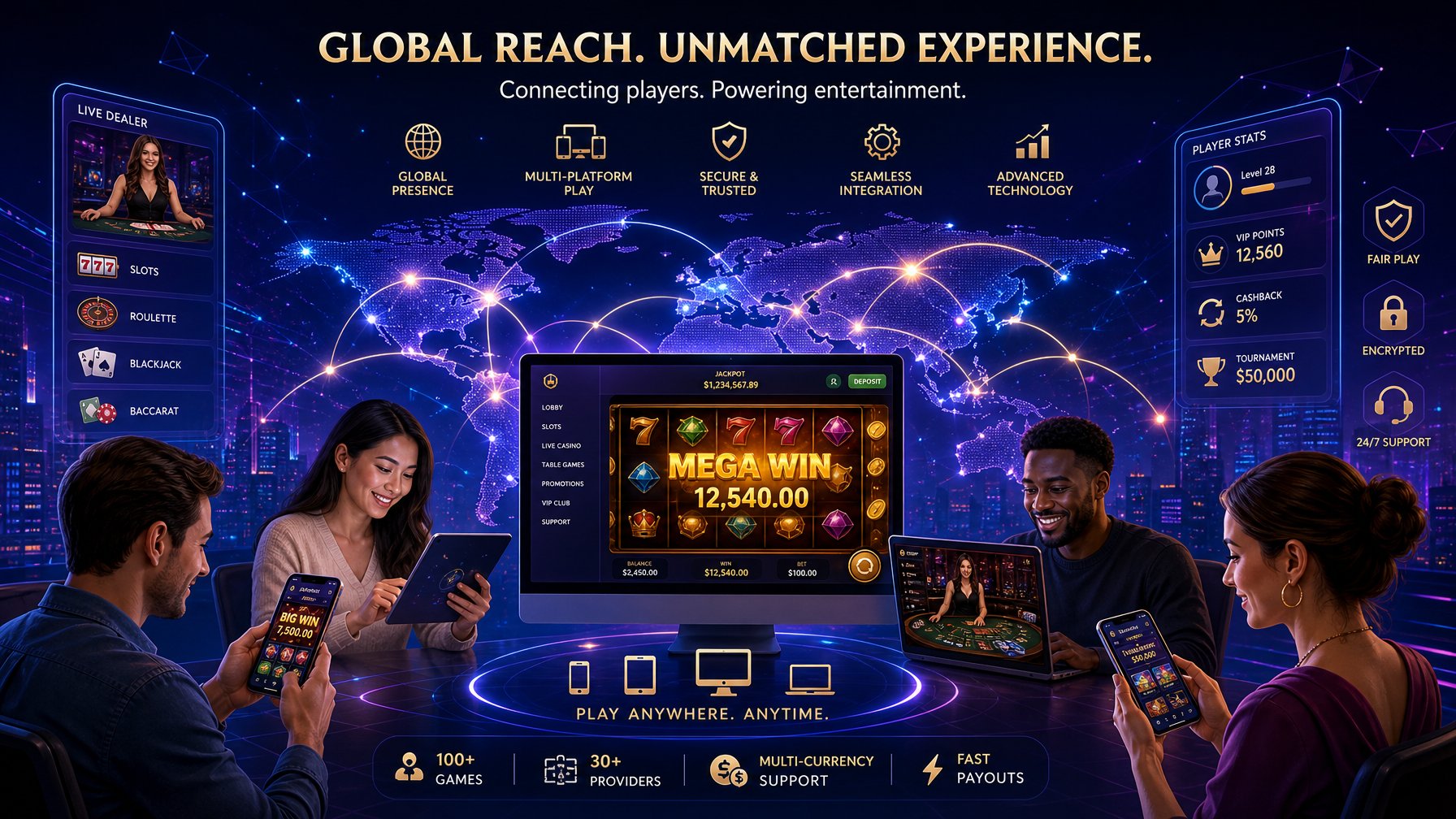A Diverse Group Of People Playing Casino Games On Different Devices Connected By Glowing Network Lines Representing Global Online Gaming.