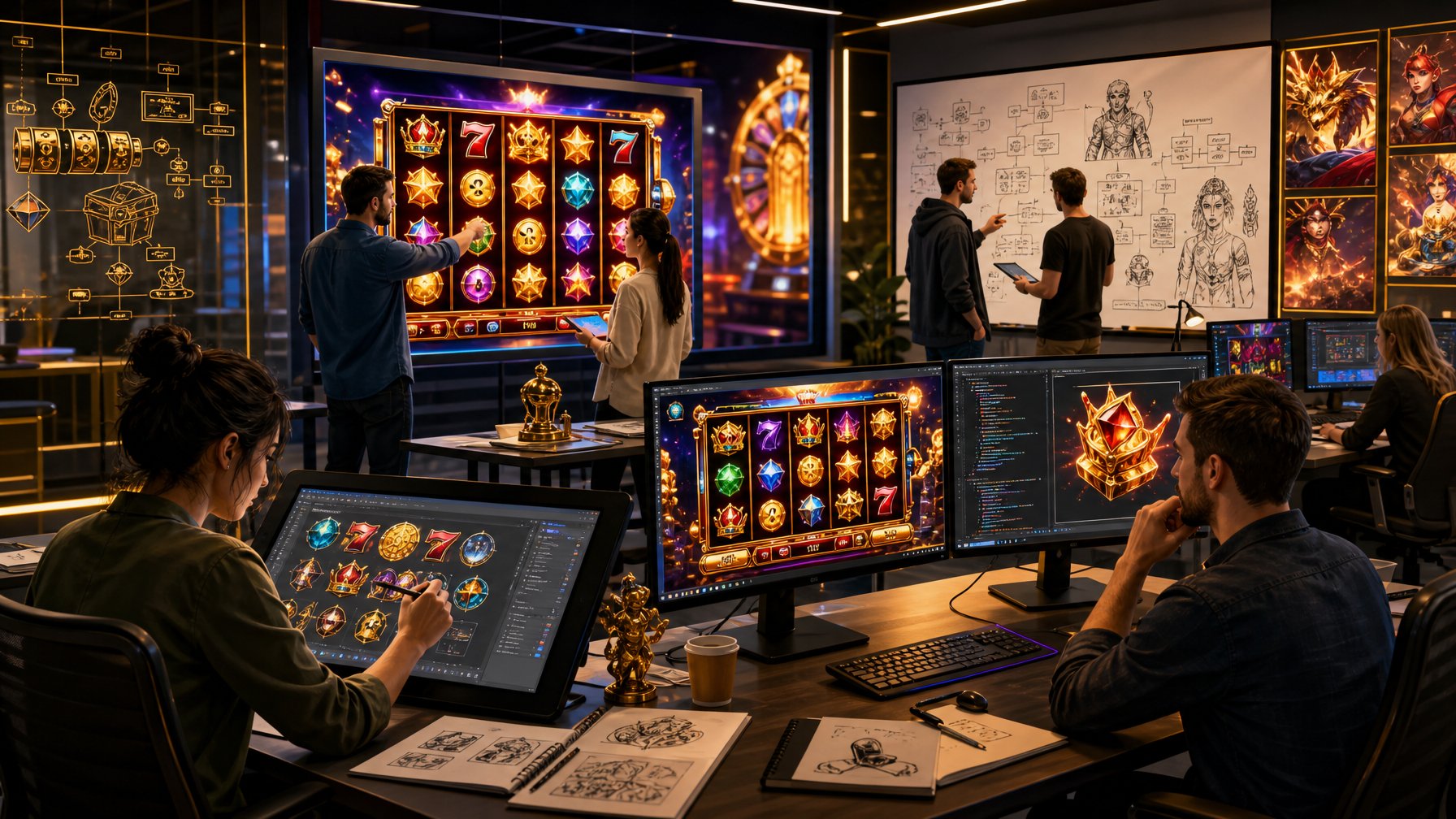 A Modern Game Development Studio Where Designers Collaborate Around Screens Showing Colorful Casino Slot Games And Game Design Diagrams.