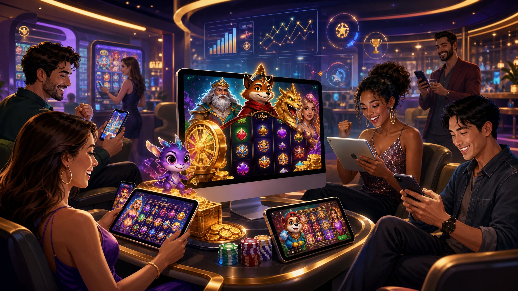 A Group Of Diverse People Playing Digital Casino Games On Various Devices In A Modern Casino Lounge With Colorful Game Visuals And An Engaging Atmosphere.
