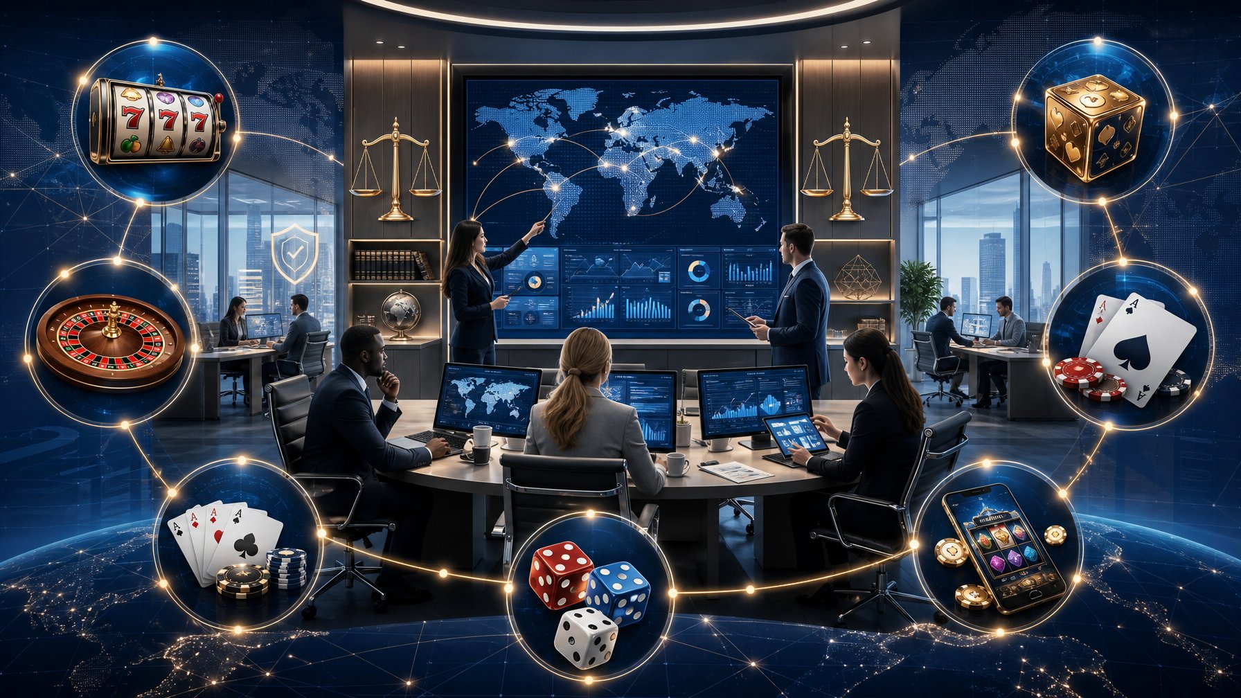 A Group Of Professionals In An Office Analyzing Charts And Global Maps With Casino Game Icons Connected By Glowing Lines, Representing Fair Licensing And Wide Distribution.