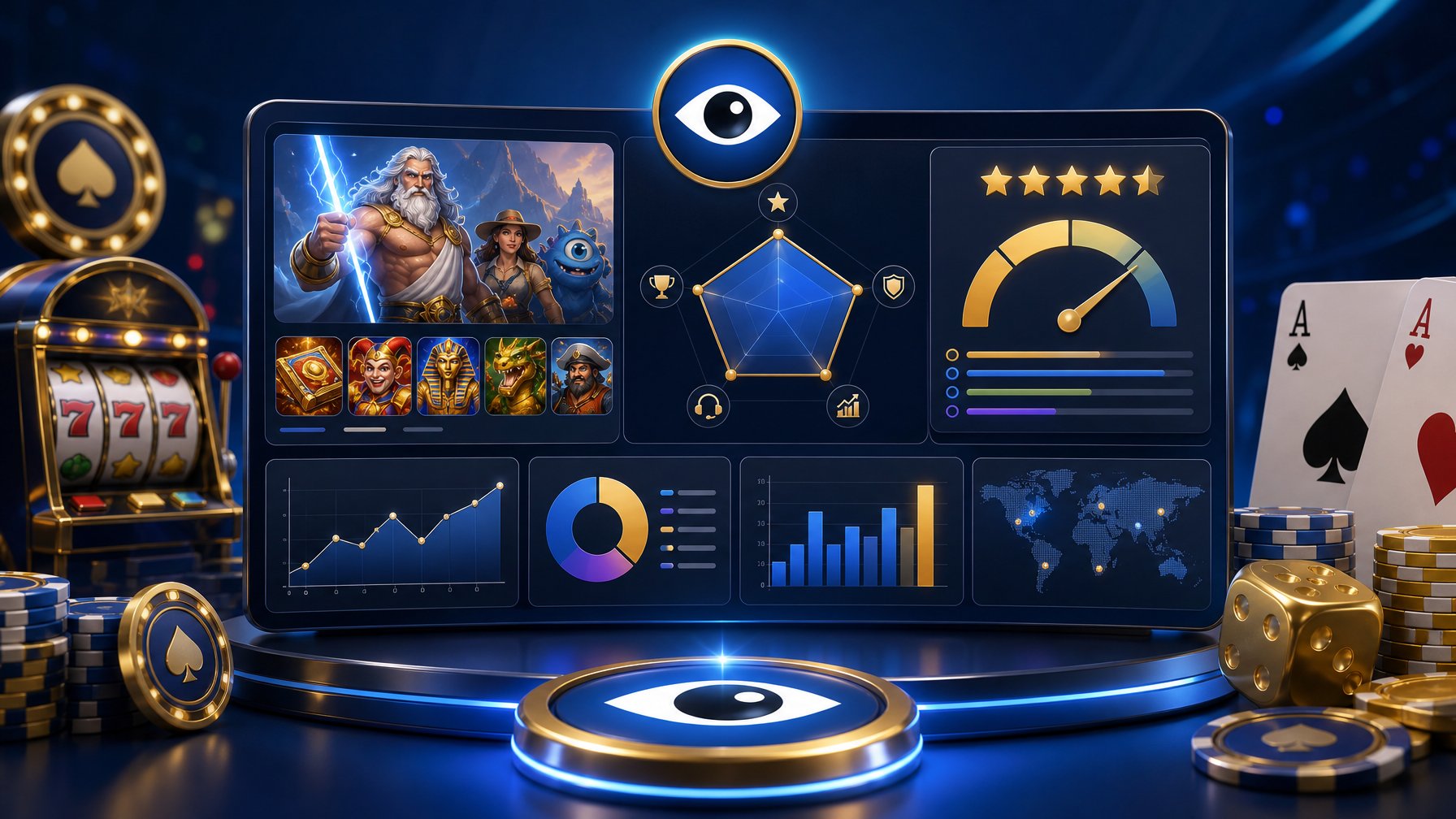 A Digital Dashboard Showing Charts And CasinoThemed Icons Representing An Analysis Of A Casino Game Provider's Performance.