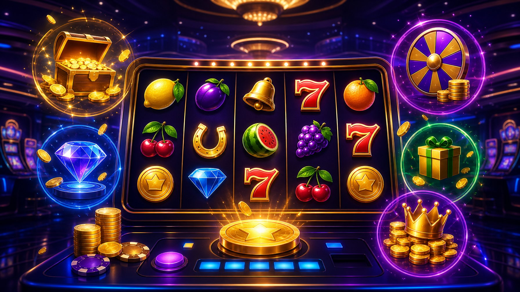 A Colorful Casino Game Interface With Slot Machine Reels And Icons Representing Bonus Features In A Modern Casino Setting.