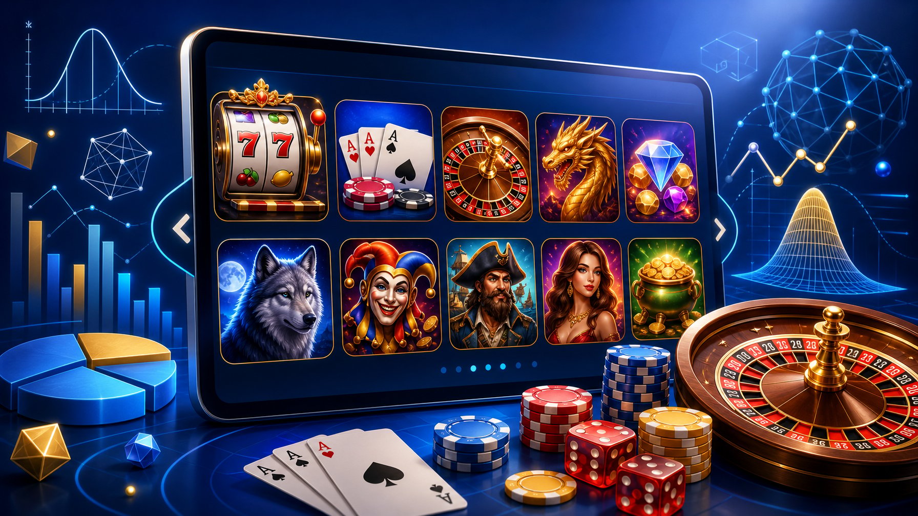 A Digital Interface Showing Colorful Casino Game Icons With Mathematical Symbols And Graphs In The Background.