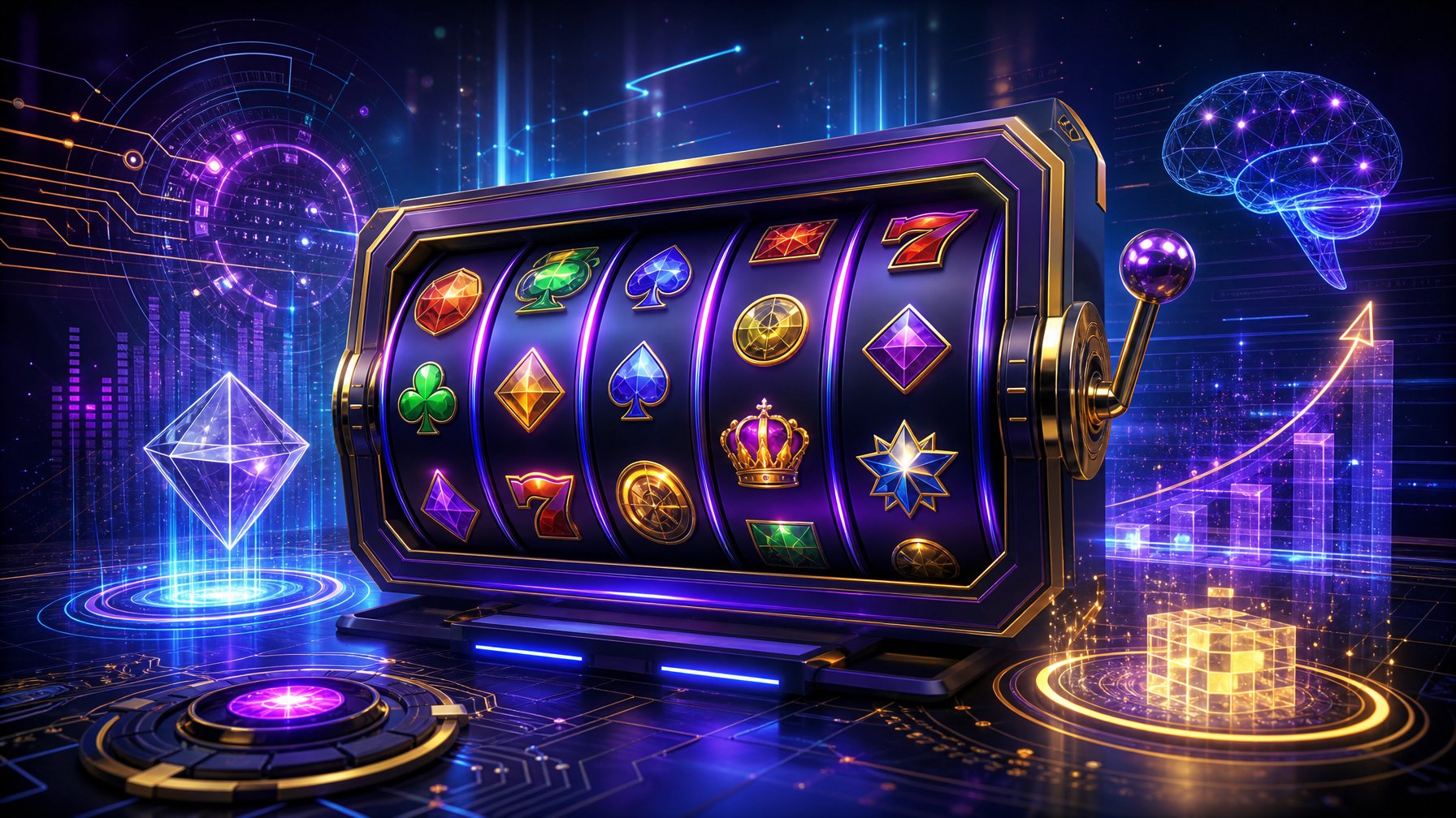 A Digital Casino Scene Showing Colorful Slot Machine Reels With Unique Symbols Surrounded By Glowing Circuit Patterns And Dynamic Data Streams.