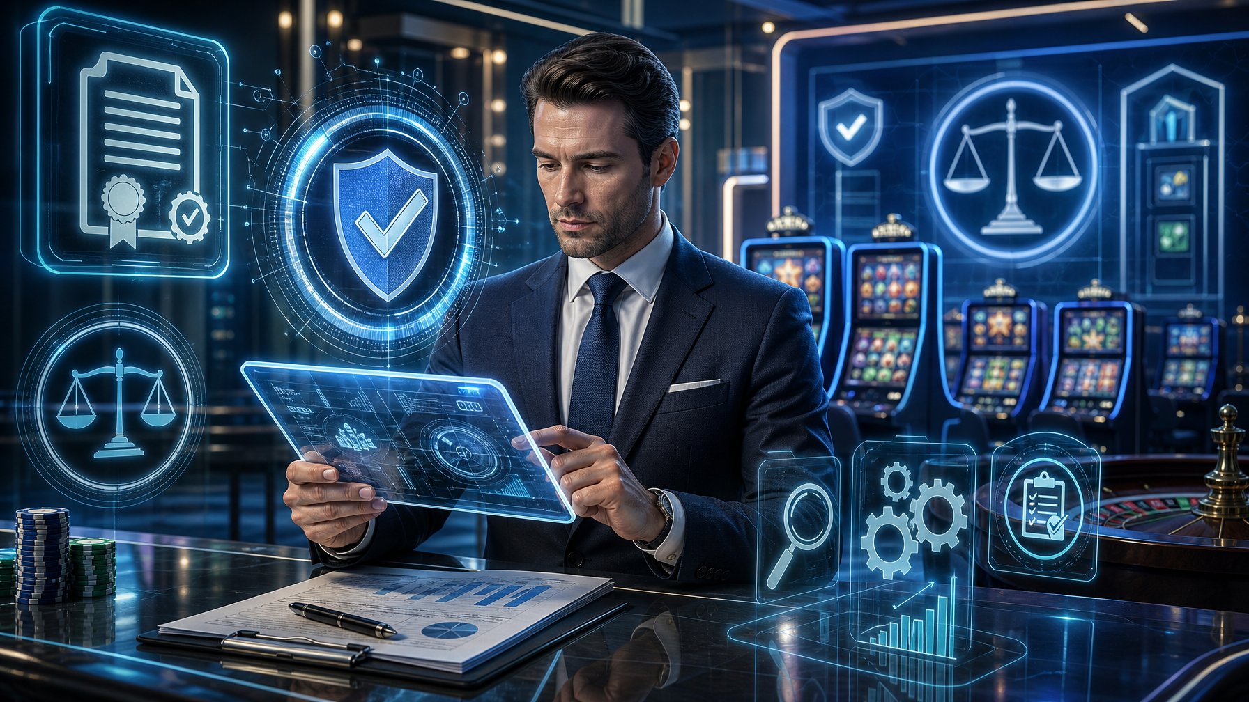 A Business Professional Reviewing Digital Reports In A Modern Casino Setting With Symbols Representing Licensing, Testing, And Fairness Floating Around.