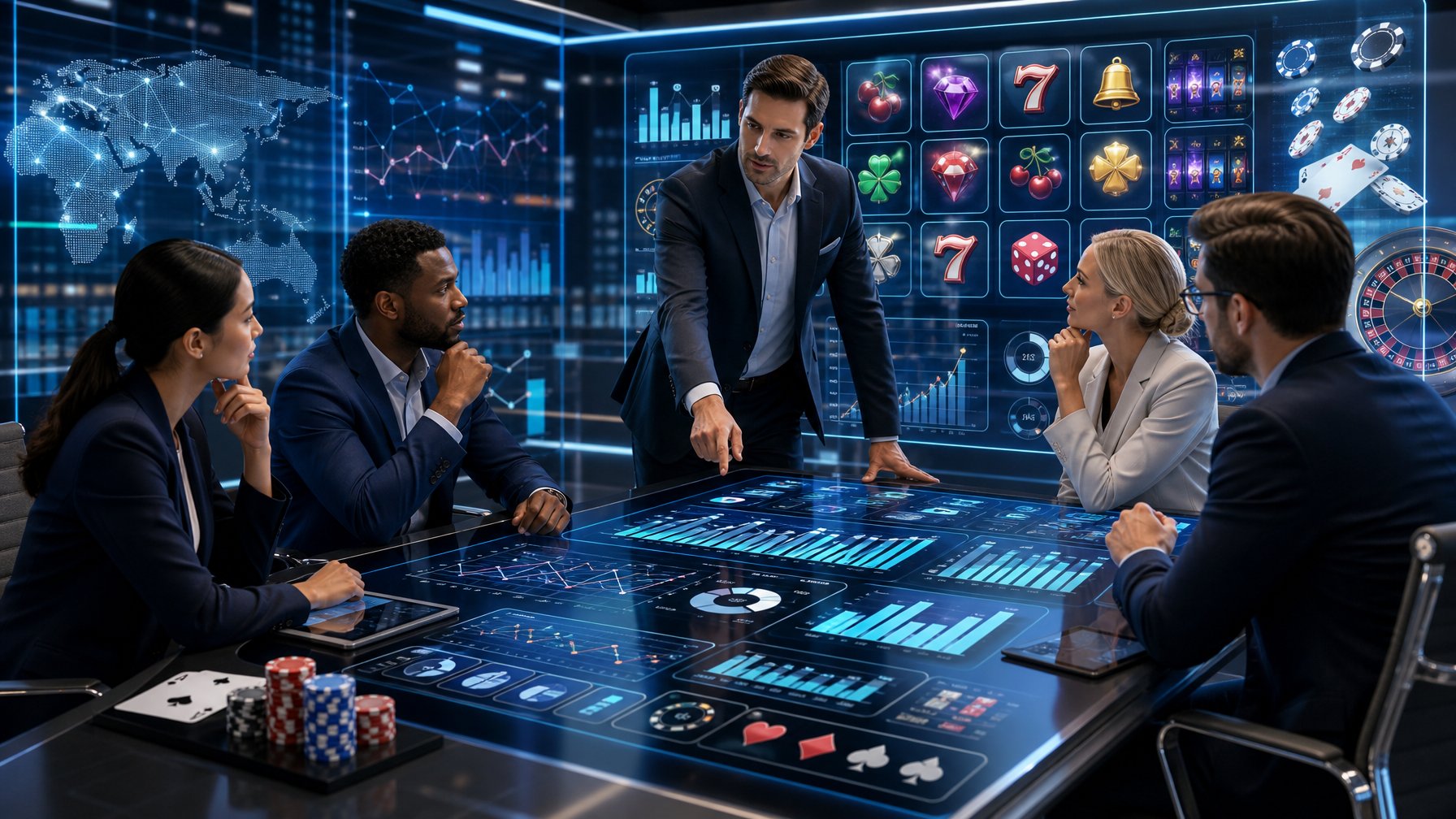 A Group Of Business Professionals Discussing Casino Game Data Around A Digital Touchscreen Table In A Modern Office Setting.