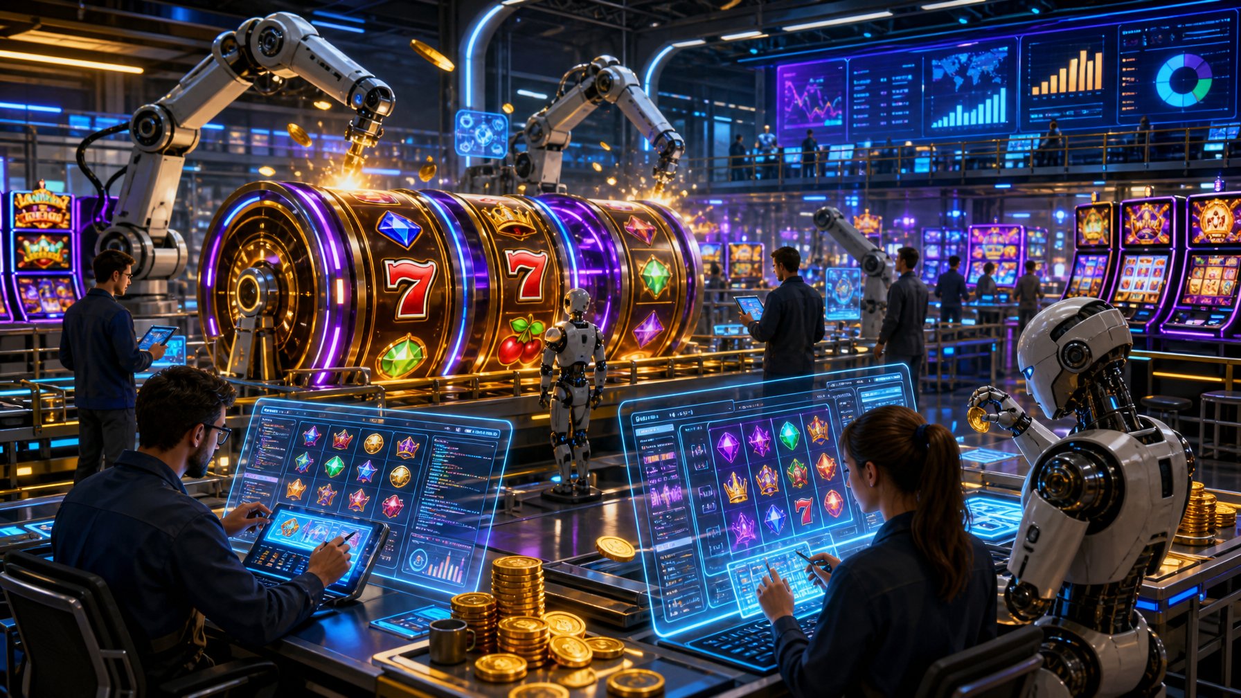 A Modern Factory Scene Where Robots And Engineers Create Casino Games With Glowing Slot Machines And Digital Screens Showing Game Graphics.