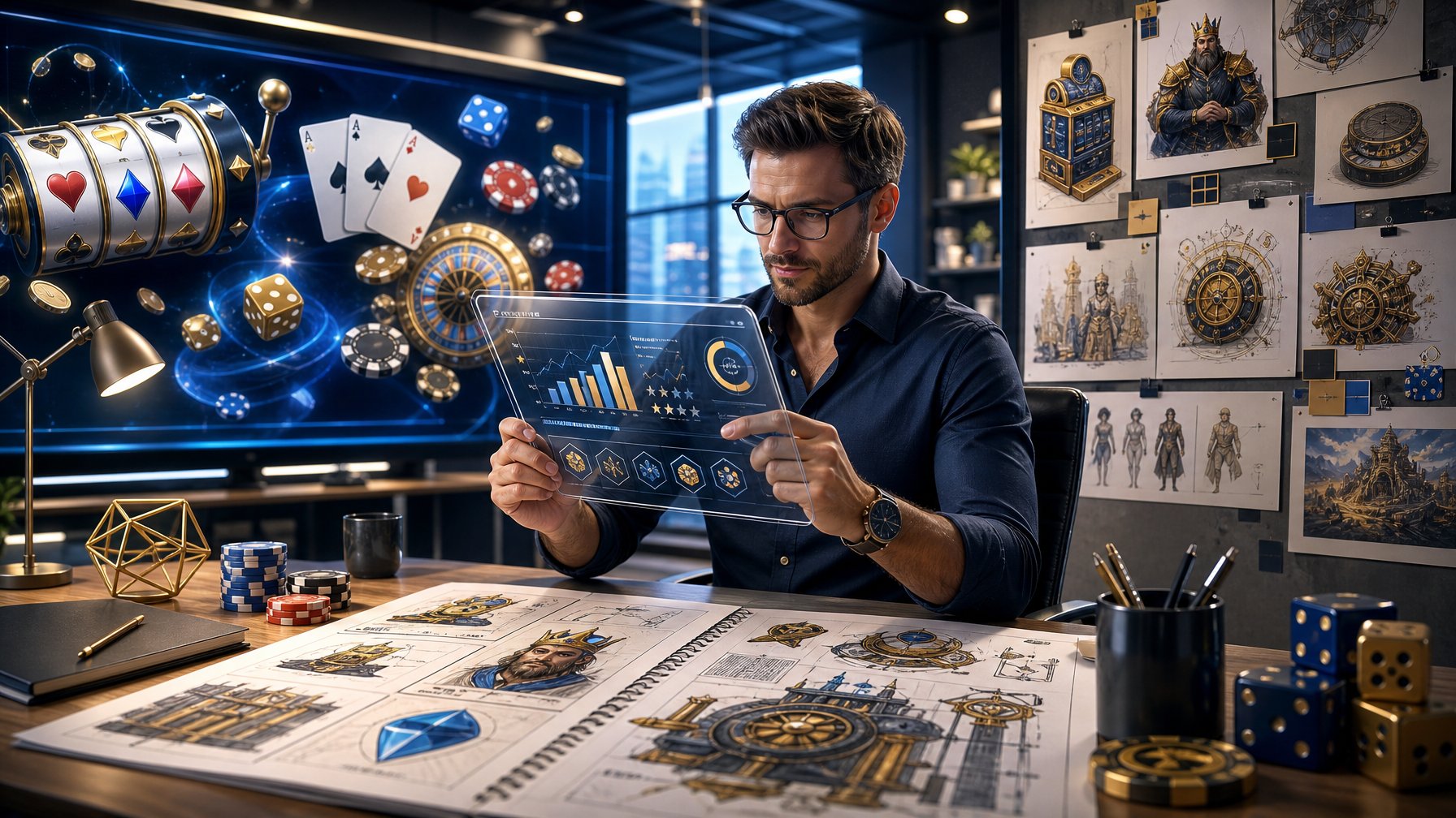 A Business Professional Reviewing Casino Game Elements On A Digital Tablet In A Modern Office With Game Design Sketches And Digital Screens Showing Casino Symbols In The Background.