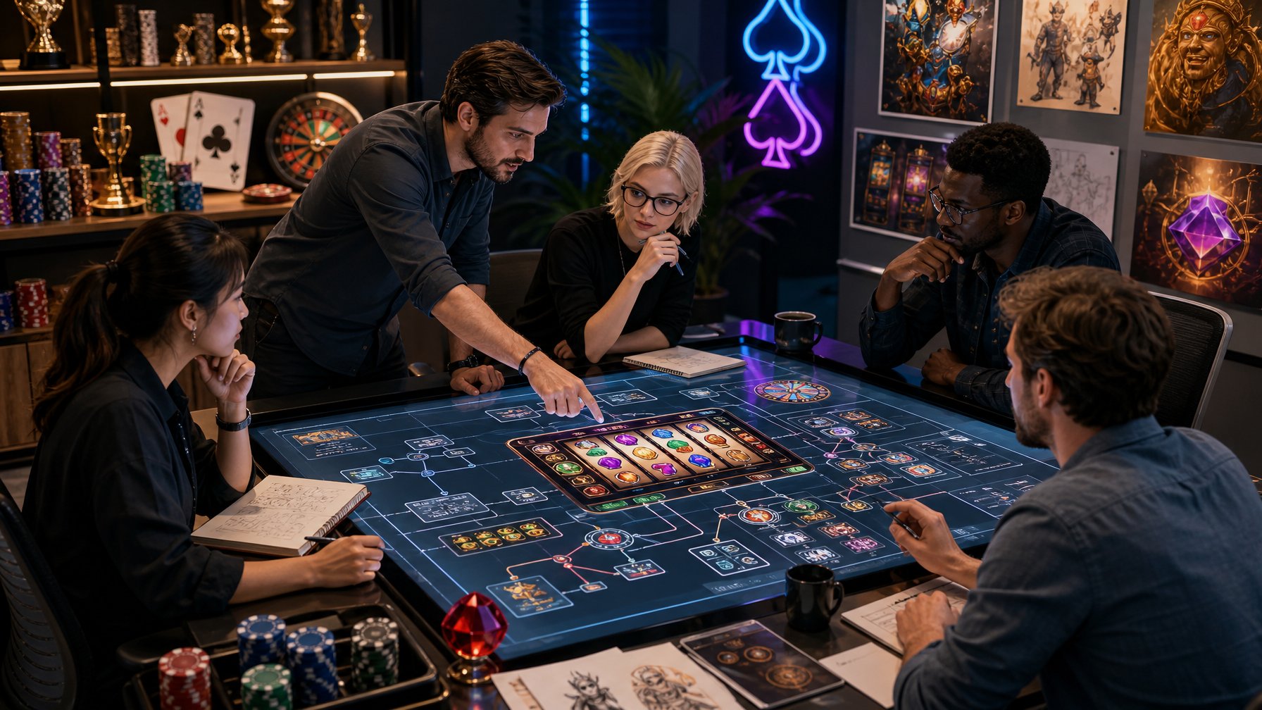 A Group Of Game Designers Collaborating Around A Digital Table Displaying Casino Game Mechanics And Design Elements In A Modern Workspace.