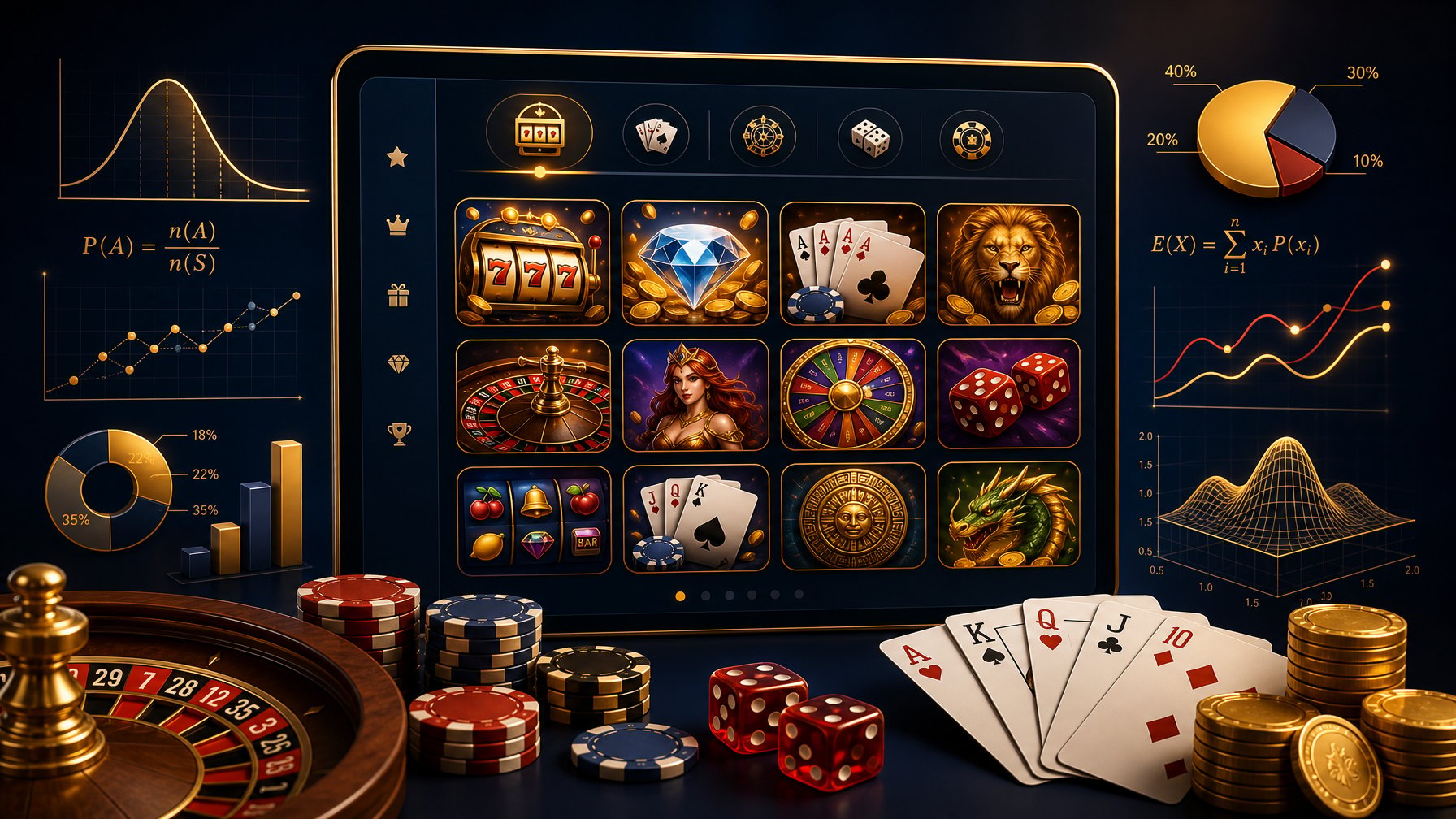 A Digital Dashboard Showing Various Colorful Casino Game Icons Alongside Mathematical Charts And Symbols Representing Game Analytics.