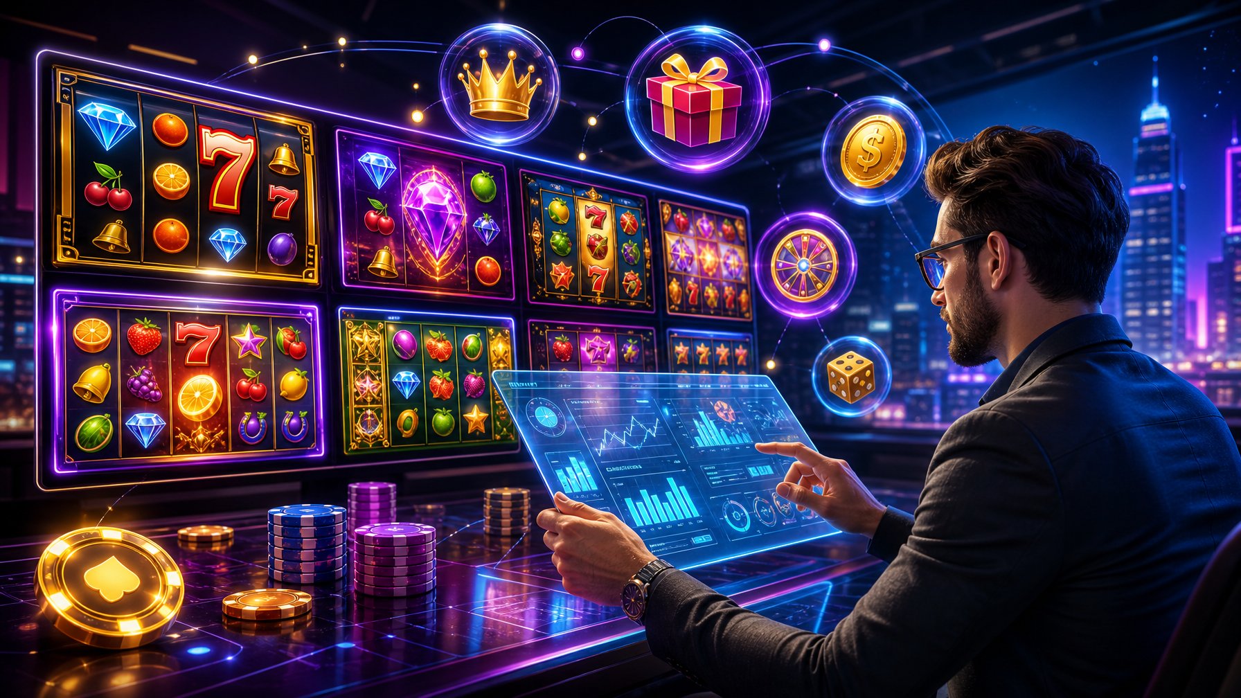 A Person Reviewing Online Casino Games On A Tablet With Colorful Slot Machine Screens And CasinoThemed Icons In A Vibrant Digital Setting.