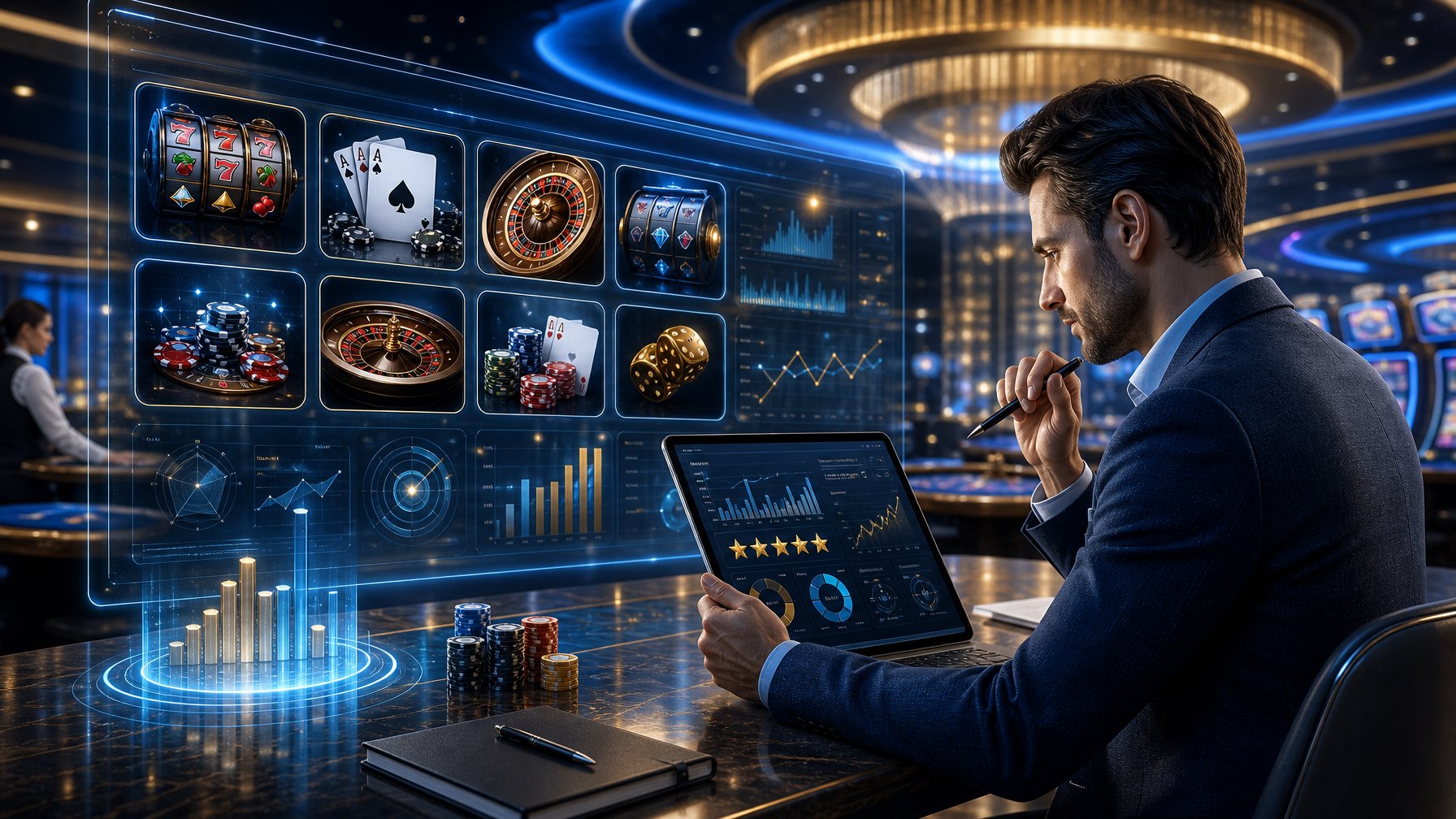 A Business Professional Reviewing Casino Game Data On A Tablet In A Modern Casino Environment With Digital Game Icons And Glowing Charts Around Them.