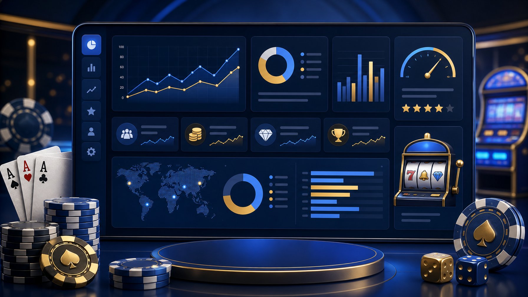 A Digital Dashboard Showing Charts And Metrics With CasinoThemed Icons Like Poker Chips And Playing Cards In The Background.