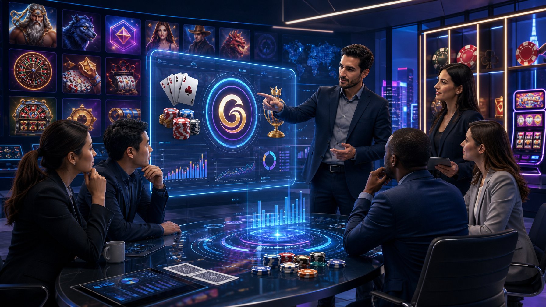 A Team Of Professionals Analyzing Casino Game Data On Futuristic Screens In A Modern Office With CasinoThemed Elements.