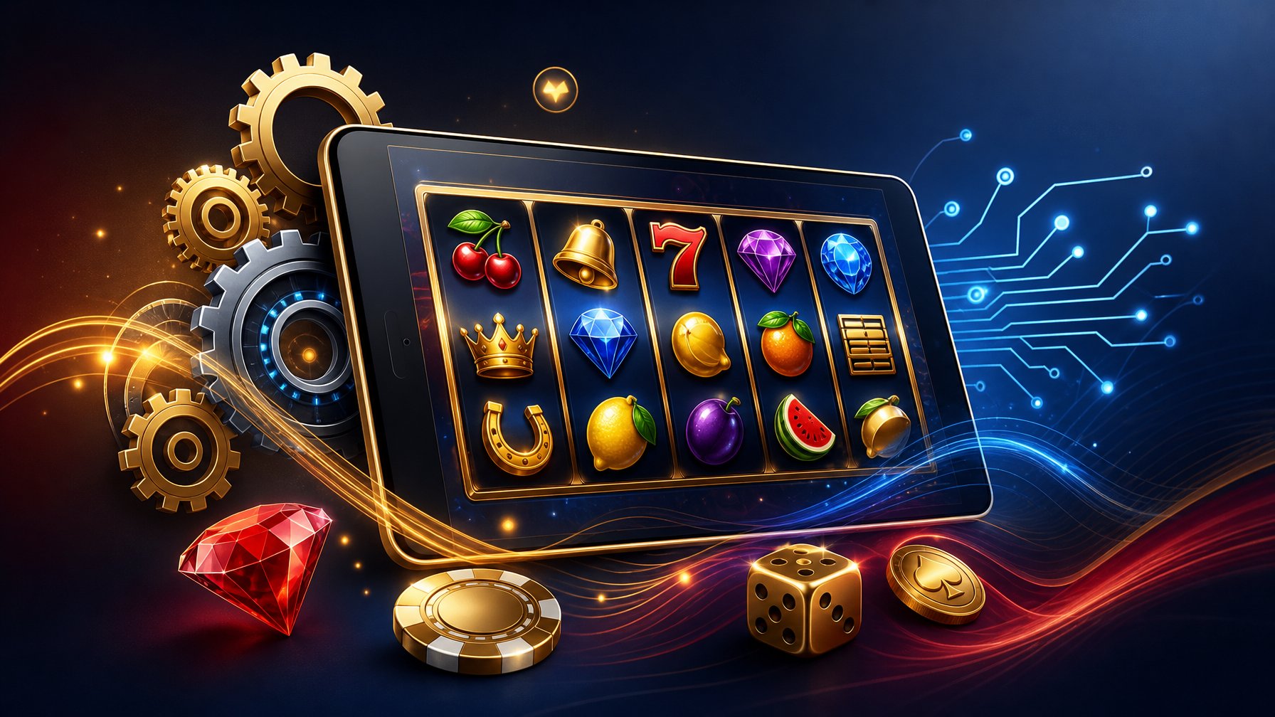 A Digital Device Displaying Vibrant Slot Machine Reels Surrounded By Abstract Gears And Circuit Patterns Symbolizing Casino Game Mechanics.