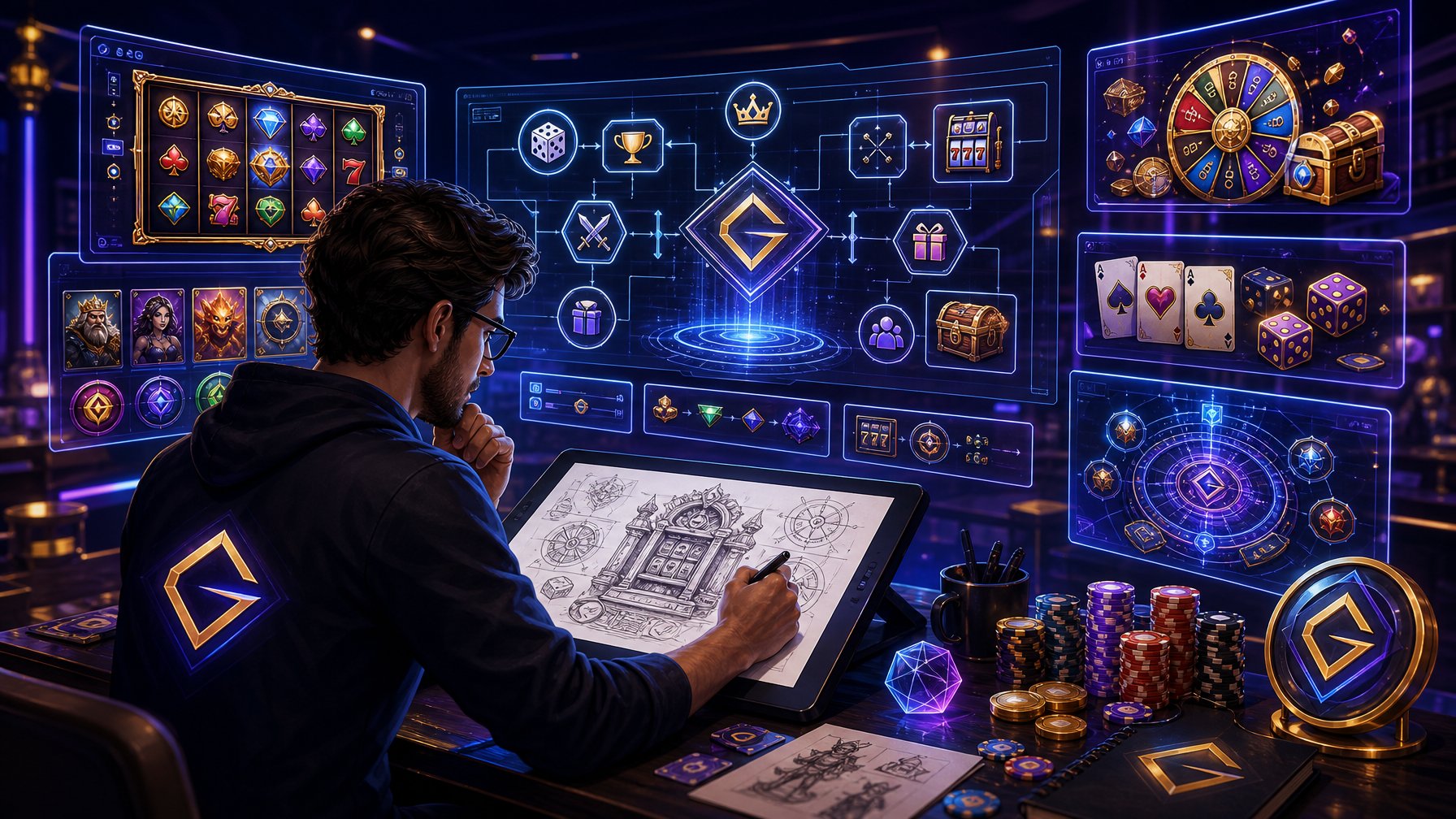 A Game Designer Working At A Digital Workspace Surrounded By Casino Game Elements Like Slot Reels, Cards, And Dice, With Holographic Charts And Icons Illustrating Game Features.