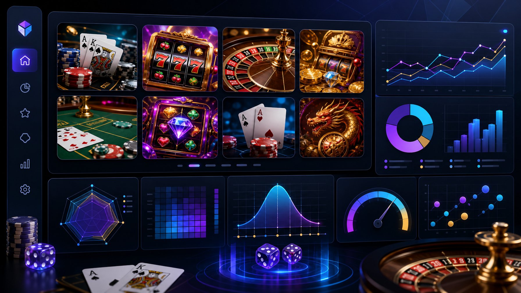 A Digital Dashboard Displaying Casino Game Thumbnails And Charts Representing Game Performance And Math Analysis.