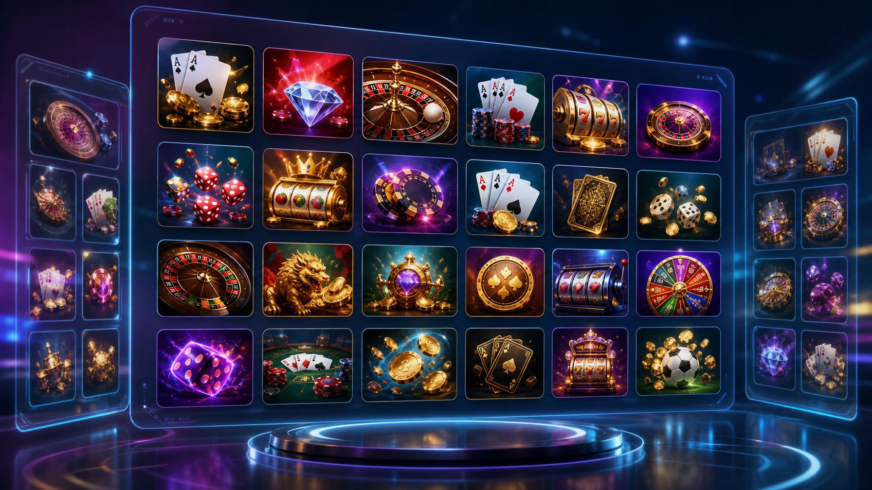 A Digital Portfolio Display Showing Various Colorful Casino Game Icons Arranged On Transparent Screens In A HighTech Environment.