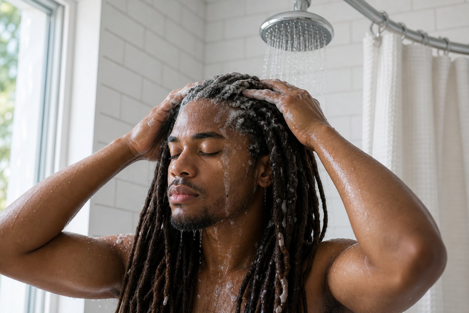 Person washing their locs under a running shower, gently massaging shampoo into their scalp.