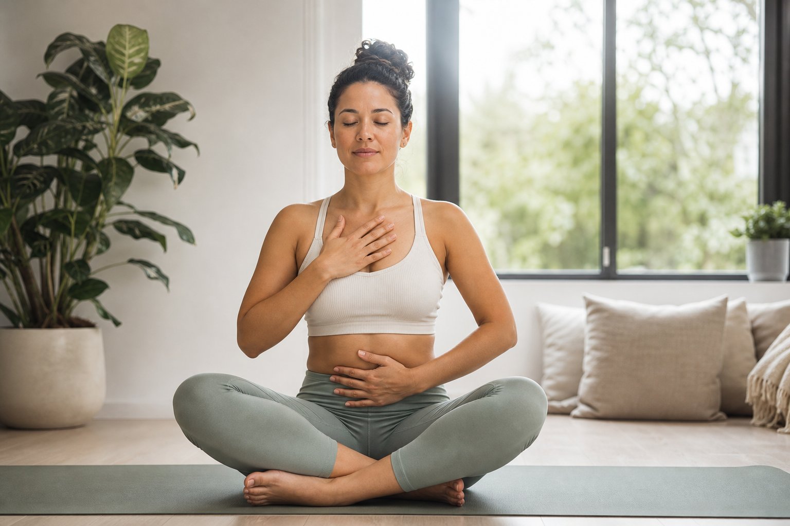 A woman sitting cross-legged indoors with eyes closed, practicing deep breathing with one hand on her chest and the other on her abdomen.