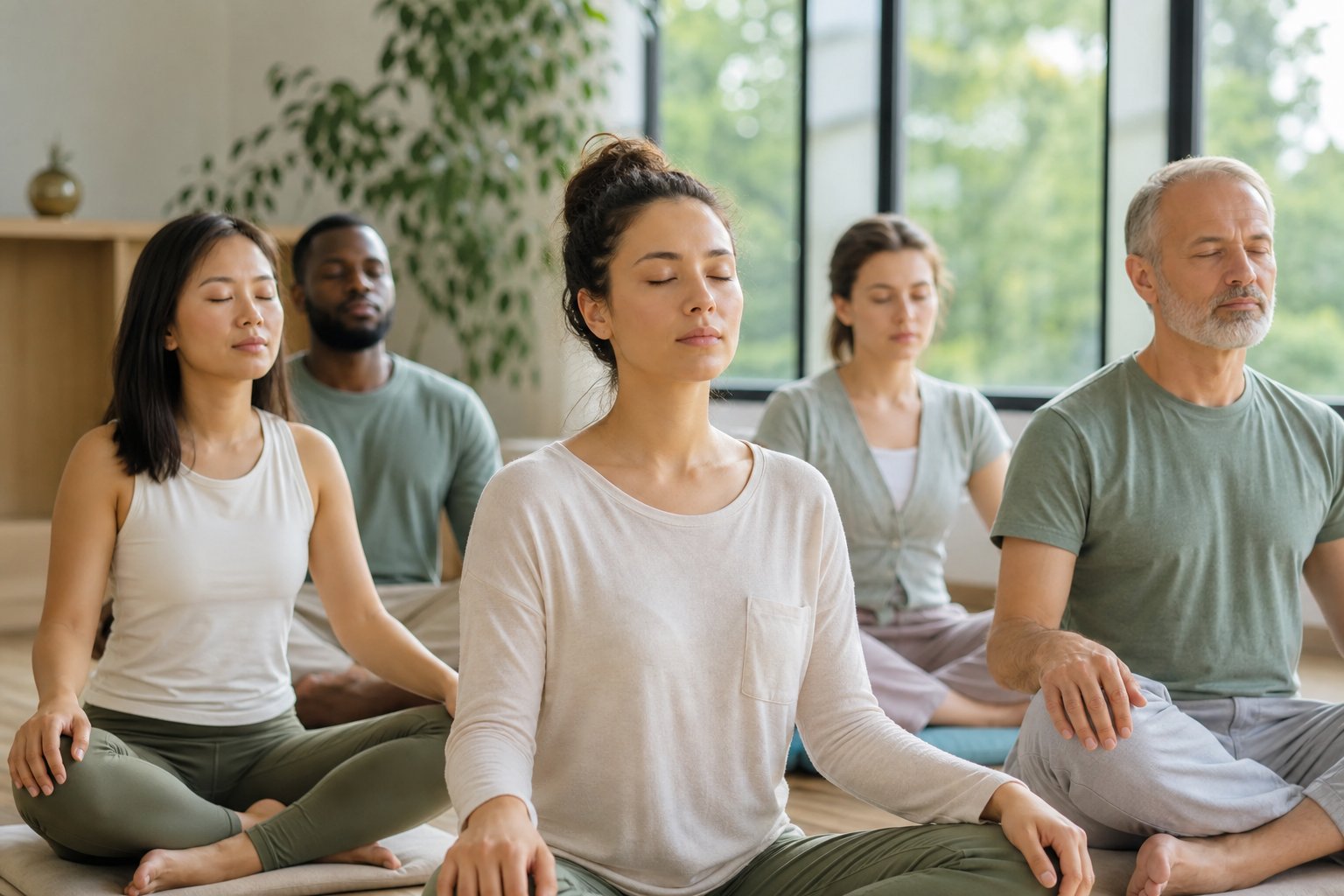 A group of adults sitting calmly with eyes closed, practicing deep breathing exercises in a bright room with natural light and plants.