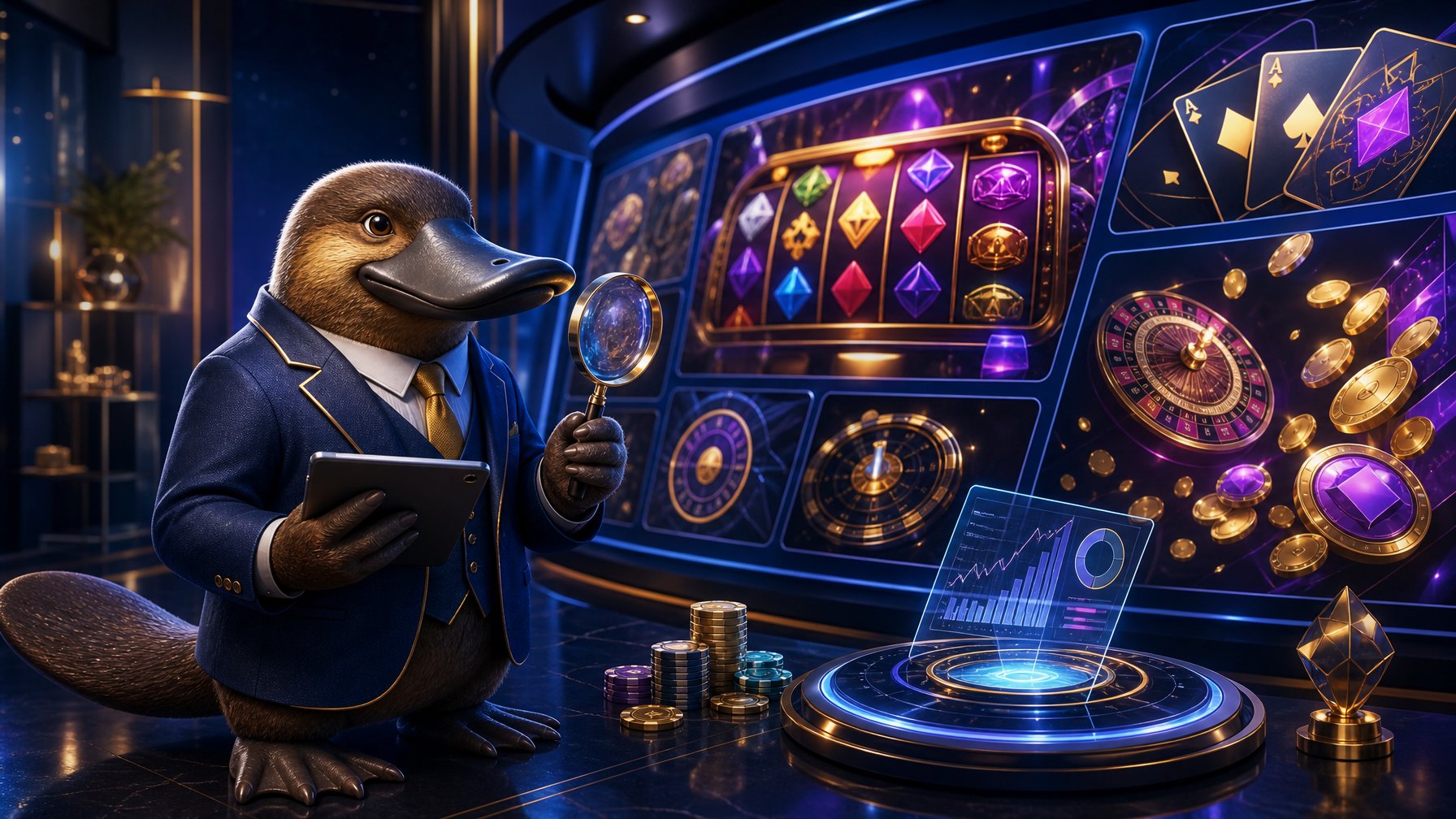 A Professional Platypus Mascot Evaluates Colorful Casino Game Screens In A Modern Digital Gaming Environment.