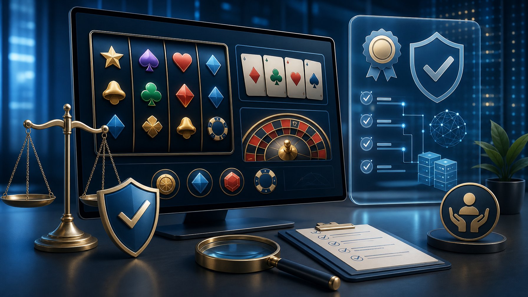 A Secure Digital Casino Gaming Interface Beside A Shield, Certification Seal, And Balanced Scales Representing Licensing And Fairness.