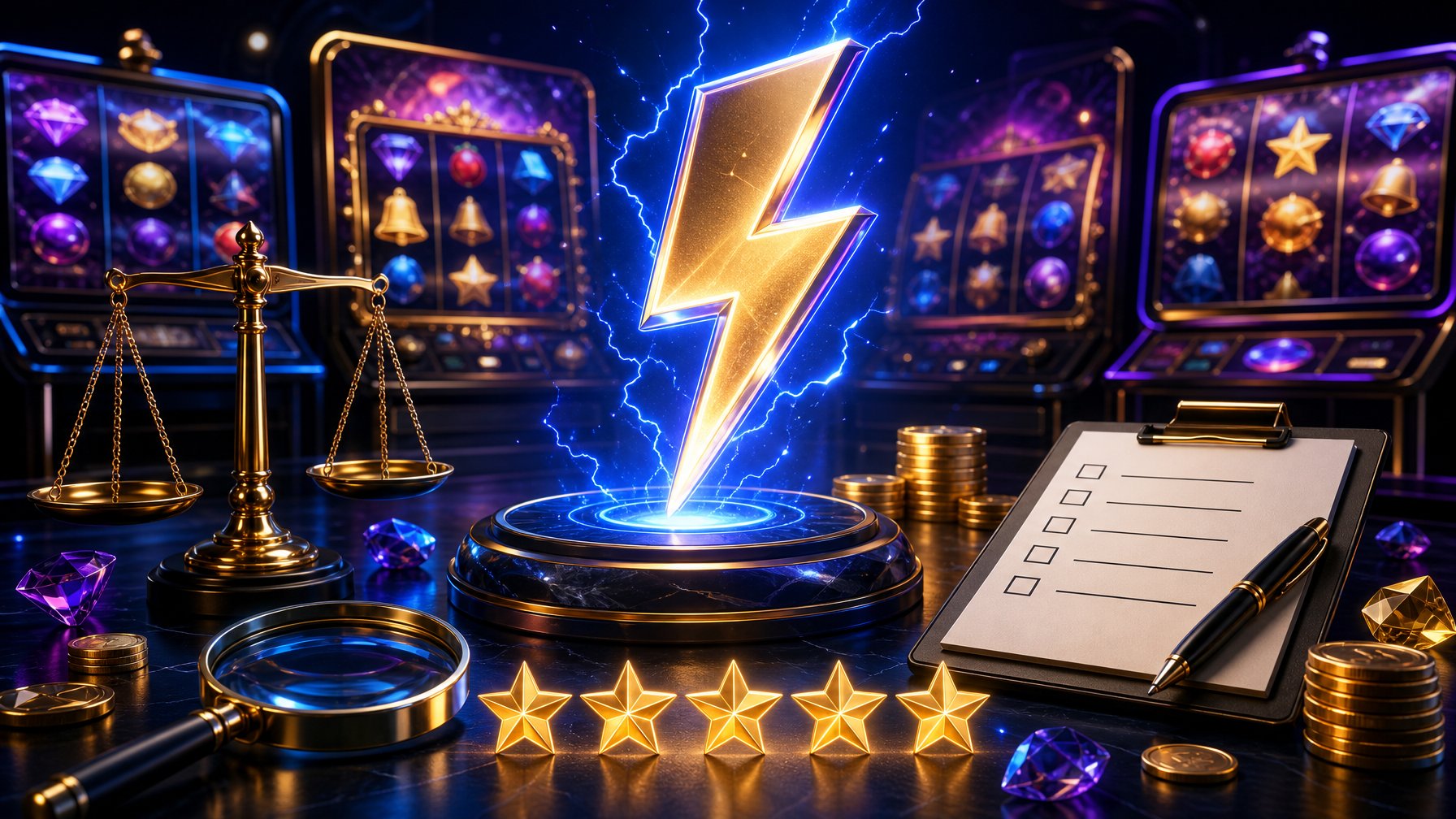 A Glowing Lightning Bolt Illuminates A Sophisticated Casino Gaming Scene With Abstract Slot Games, Coins, Stars, And Review Symbols.