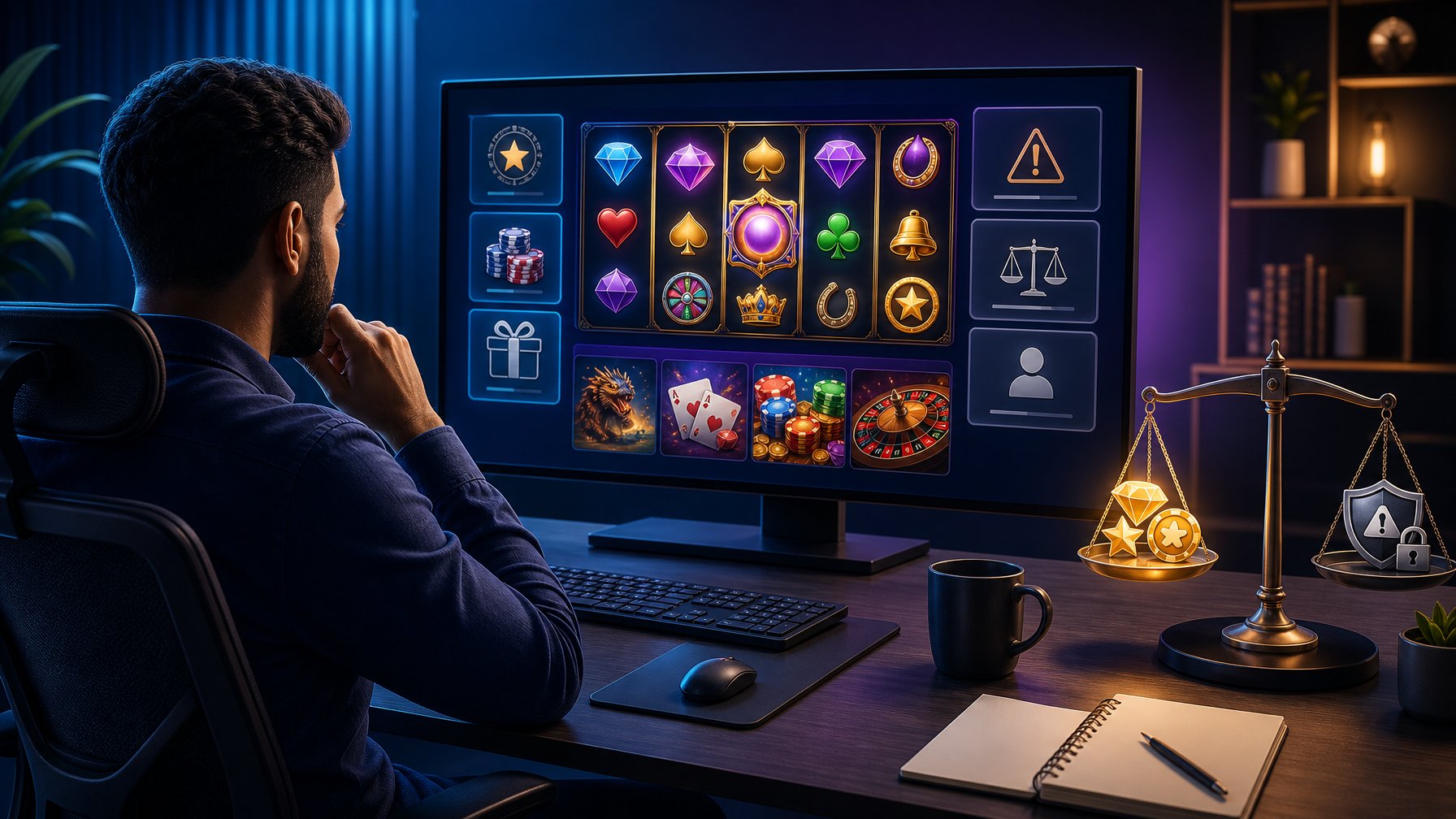 A Player Evaluates Colorful Casino Games On A Monitor Beside A Balanced Scale Representing Benefits And Limitations.
