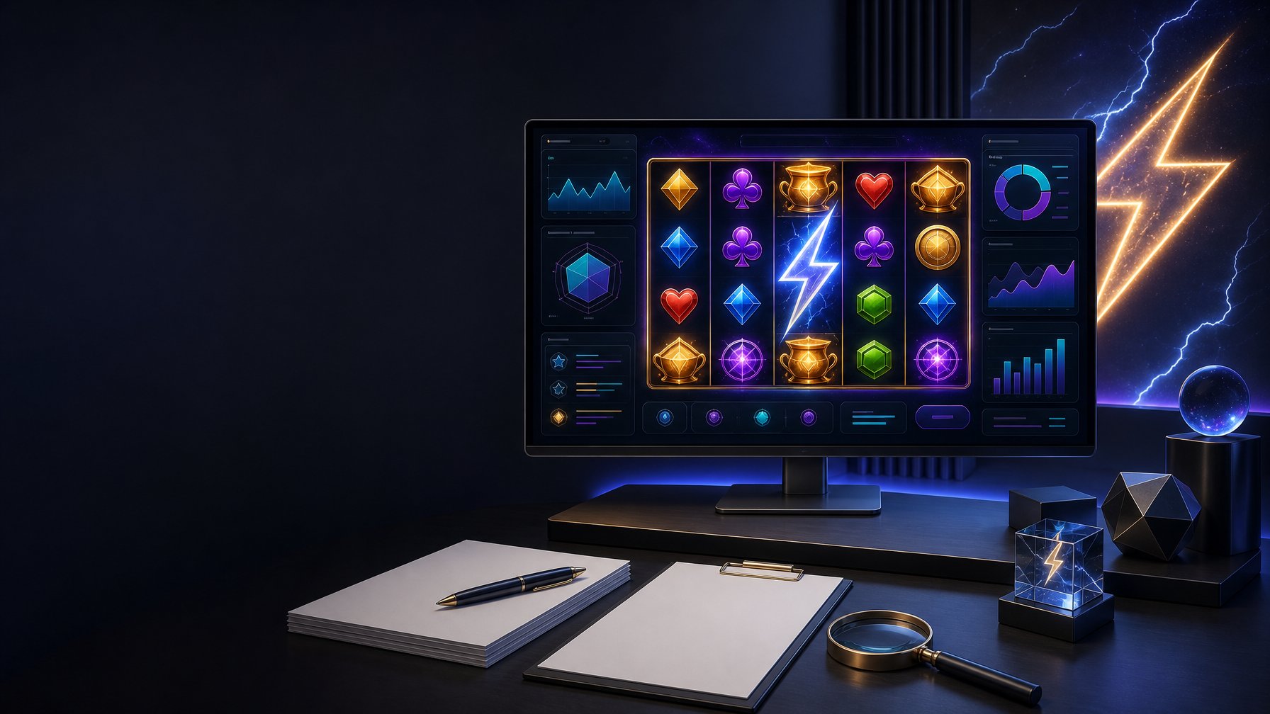 A Modern Casino Game Development Workspace With A Glowing Lightning Motif, Abstract SlotGame Visuals, And Analytical Review Elements.