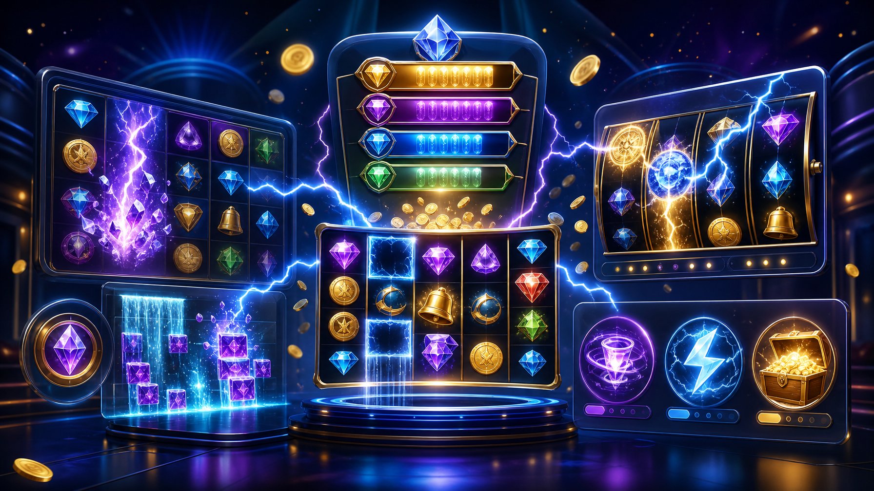 A Modern Casino Game Interface With Glowing Slot Reels, Lightning Effects, Bonus Features, And Layered Jackpot Displays.
