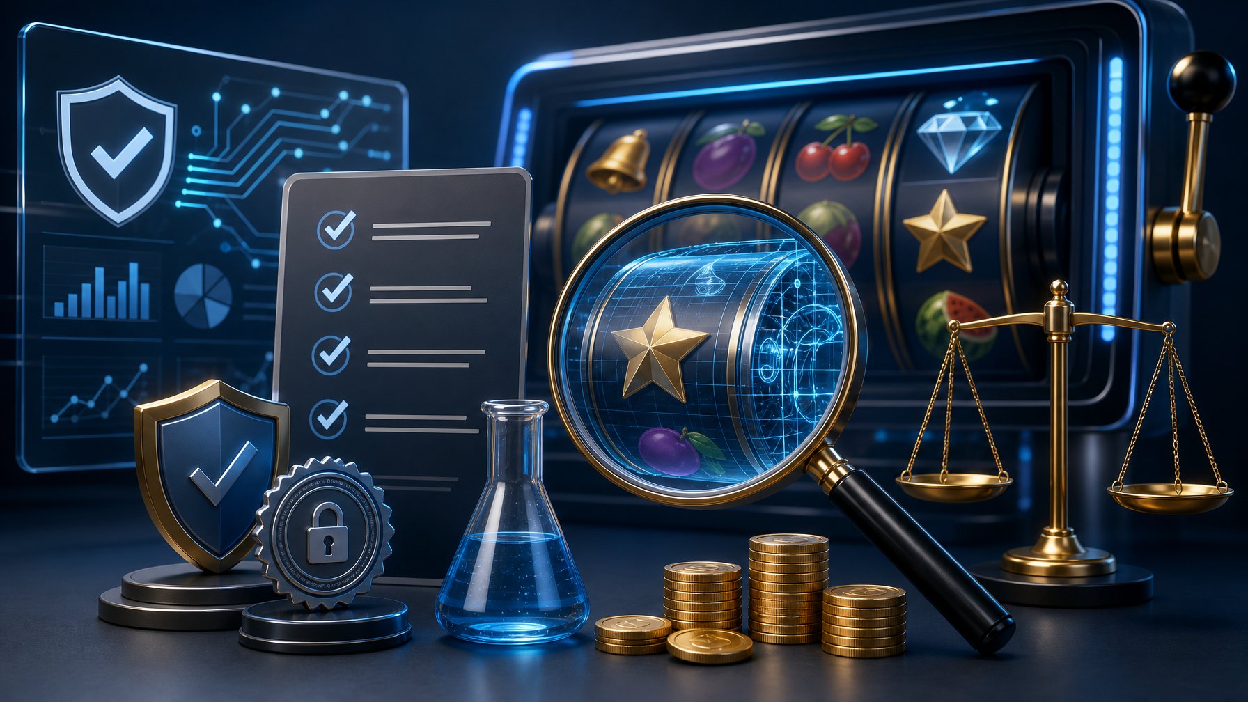 A Professional Illustration Showing A Casino Game Interface Being Examined With Security, Testing, Verification, And Fairness Symbols.
