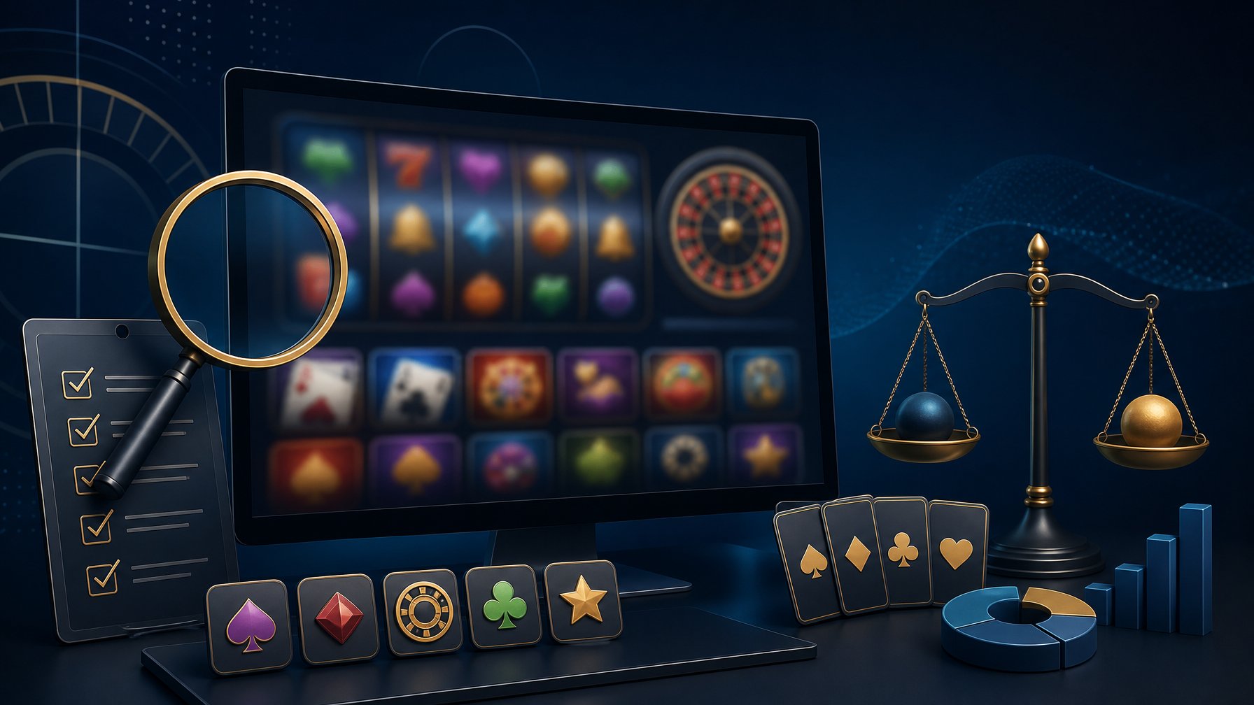 A Modern Screen Displays Abstract Casino Game Symbols Alongside A Magnifying Glass, Checklist, And Comparison Charts.