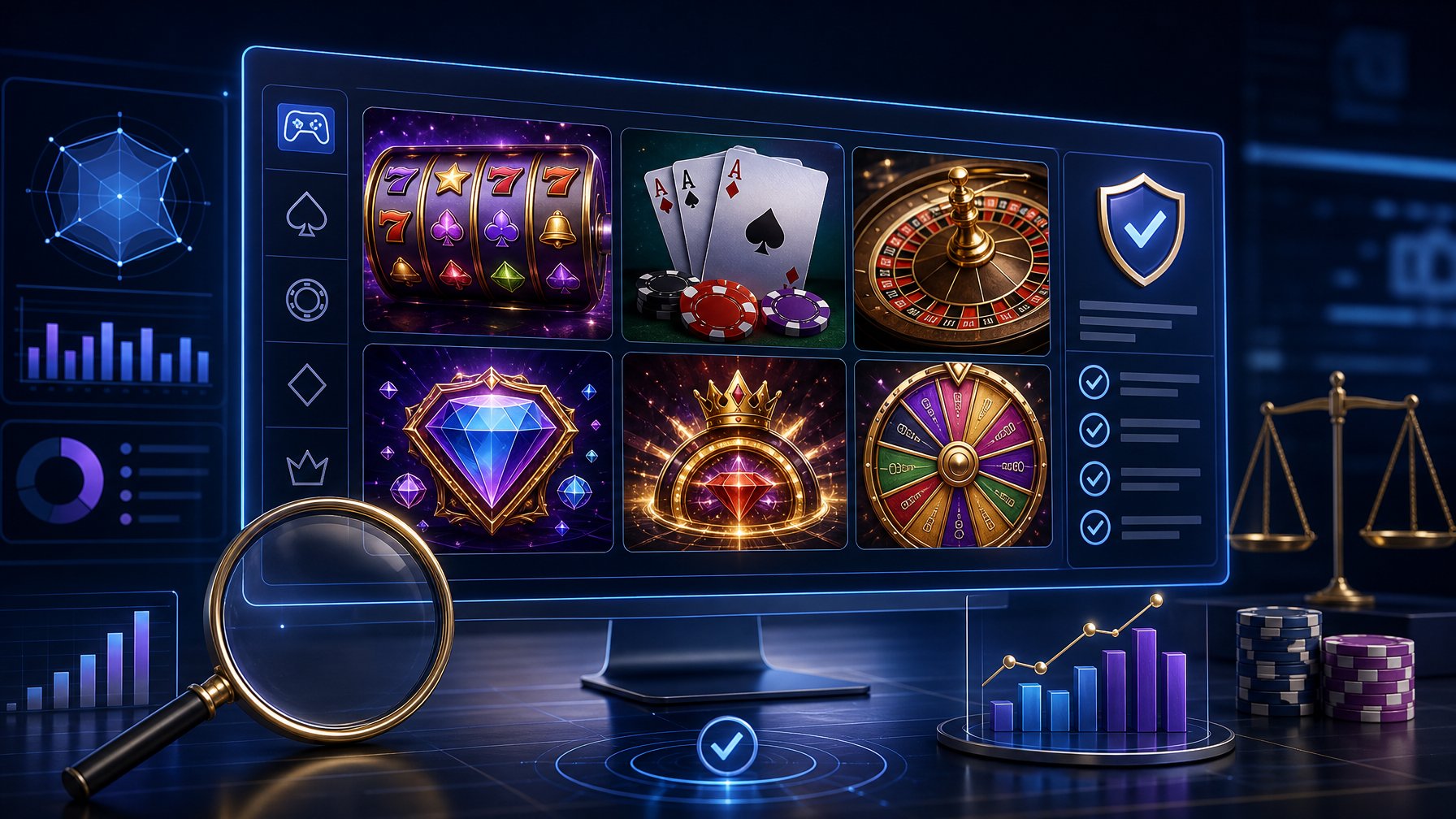 A Digital Casino Game Interface With Slot Reels, Playing Cards, Roulette Elements, And Visual Rating Symbols.
