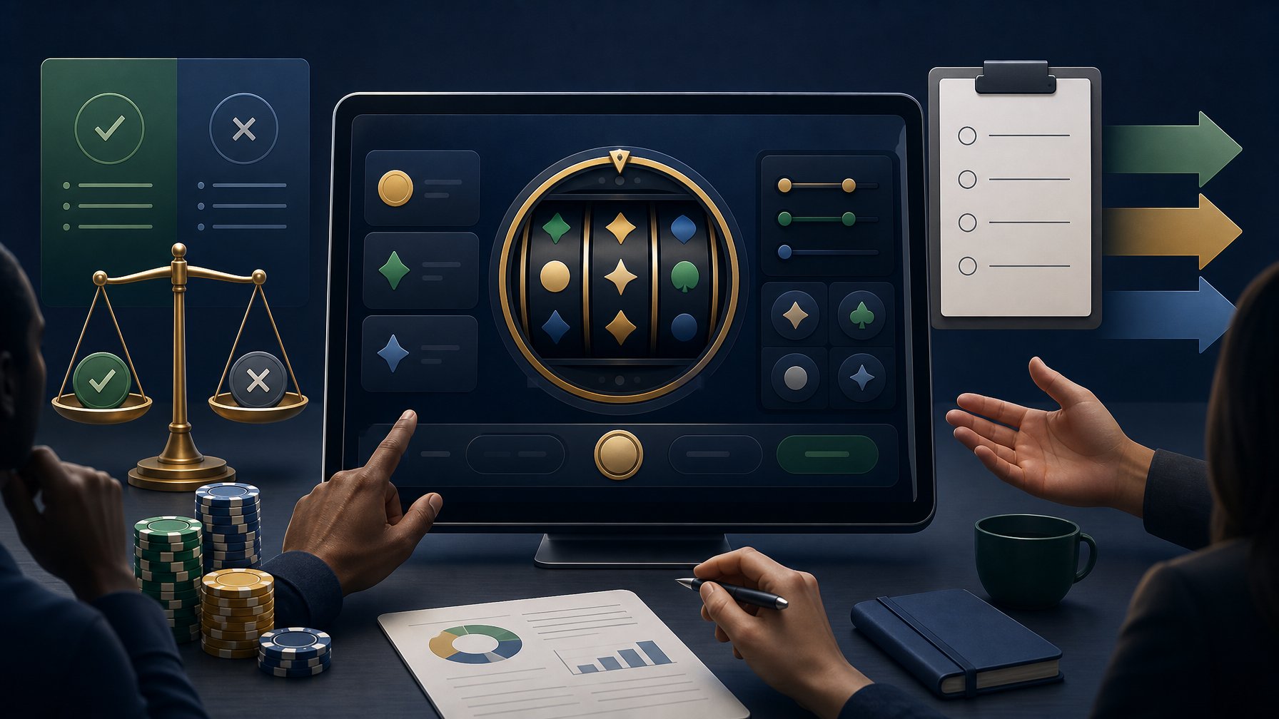 A Balanced Review Scene Showing A Casino Game Interface, Chips, Scales, And A Checklist.