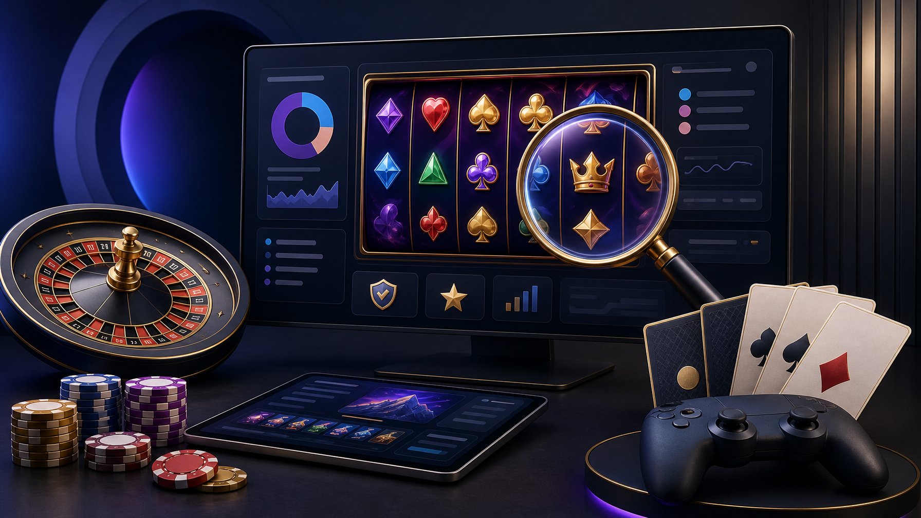 A Magnifying Glass Examines A Digital Casino Game Display Surrounded By Cards, Chips, And A Roulette Wheel.