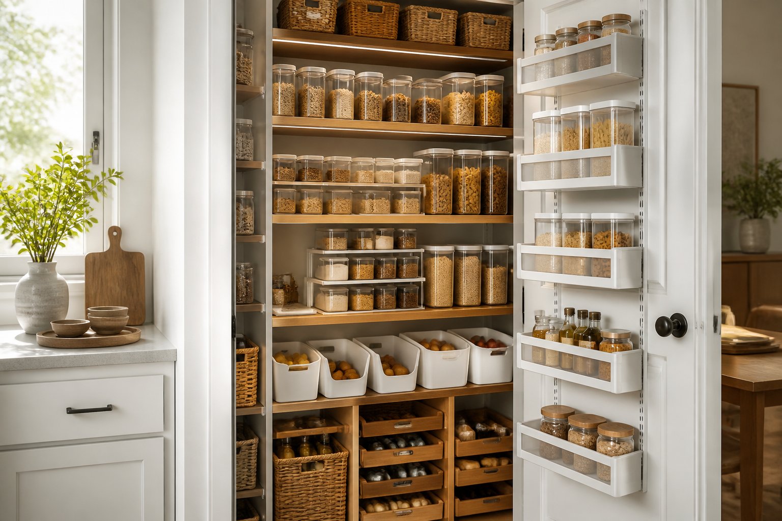 An organized small pantry with clear containers, stacked bins, shelves, and pull-out baskets.