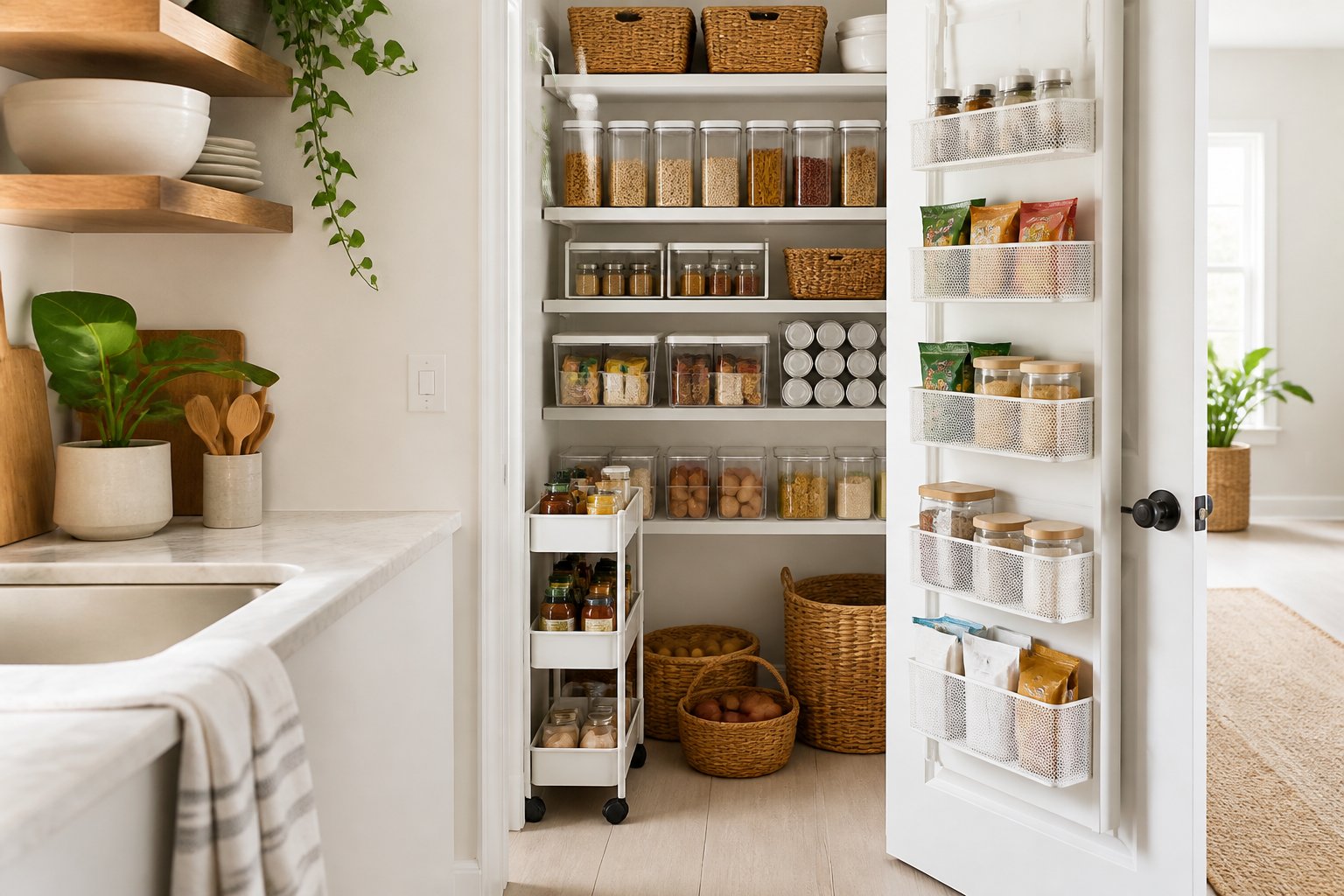 A small pantry neatly organized with removable shelves, baskets, clear containers, and a slim storage cart.