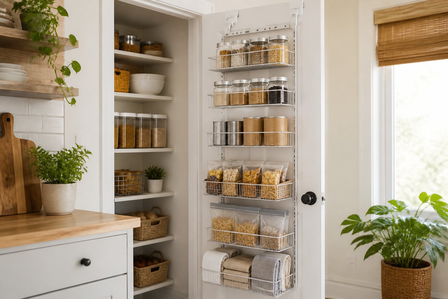 An organized over-the-door pantry rack filled with neatly arranged food containers and baskets in a small kitchen.