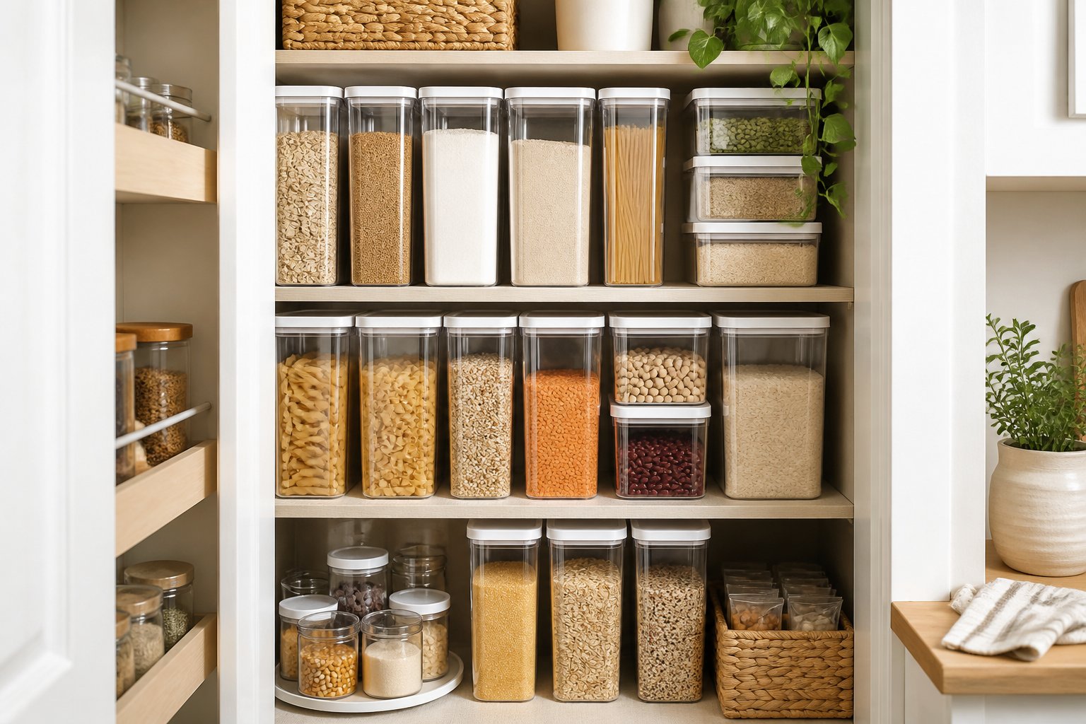 A small pantry neatly organized with clear airtight containers filled with assorted dry staples.