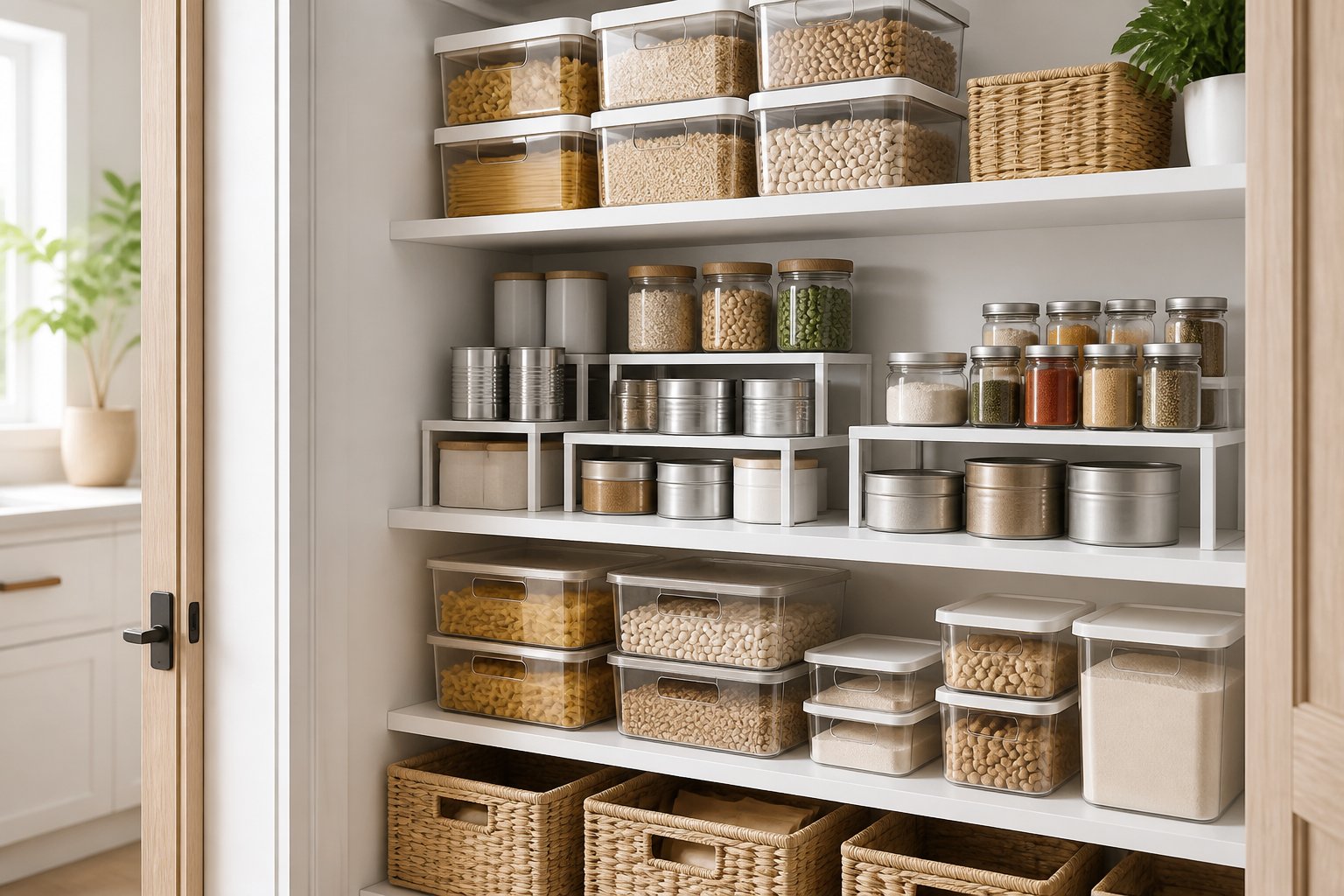An organized small pantry with shelf risers, neatly arranged food containers, and stackable storage bins.