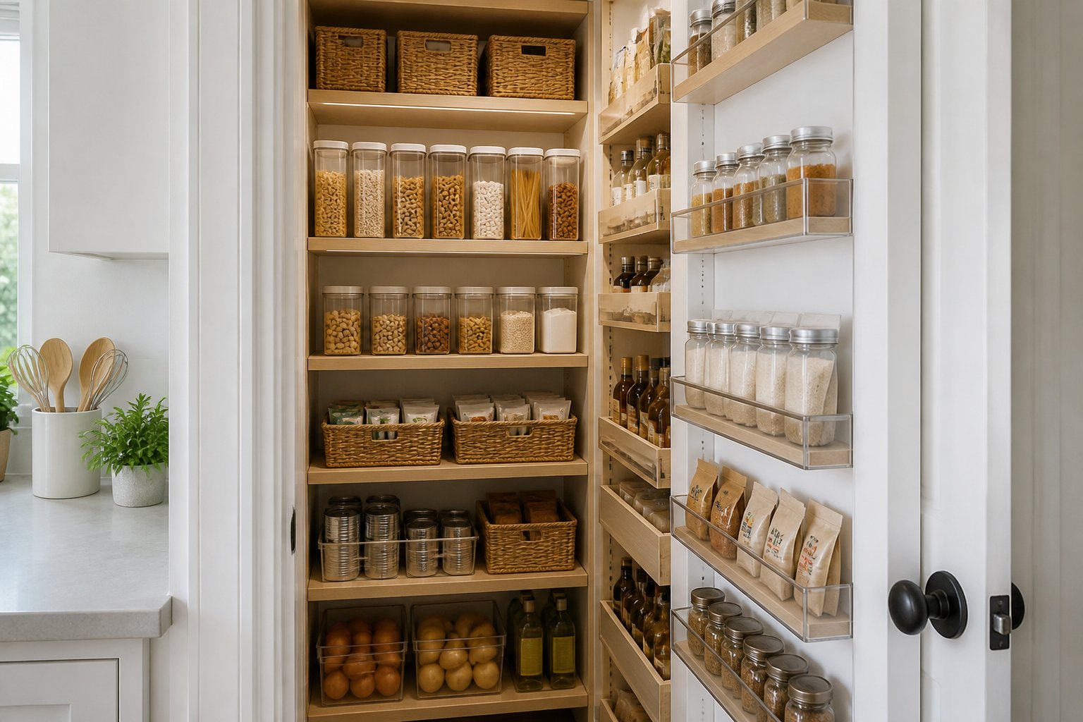 A compact pantry neatly organized with stacked containers, pull-out drawers, tiered shelves, and door storage.