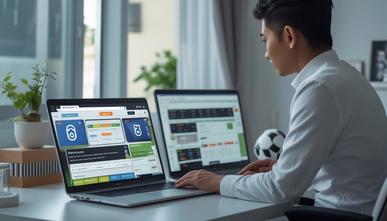 Seorang pengguna Indonesia membandingkan platform olahraga digital dengan simbol keamanan di ruang kerja modern.