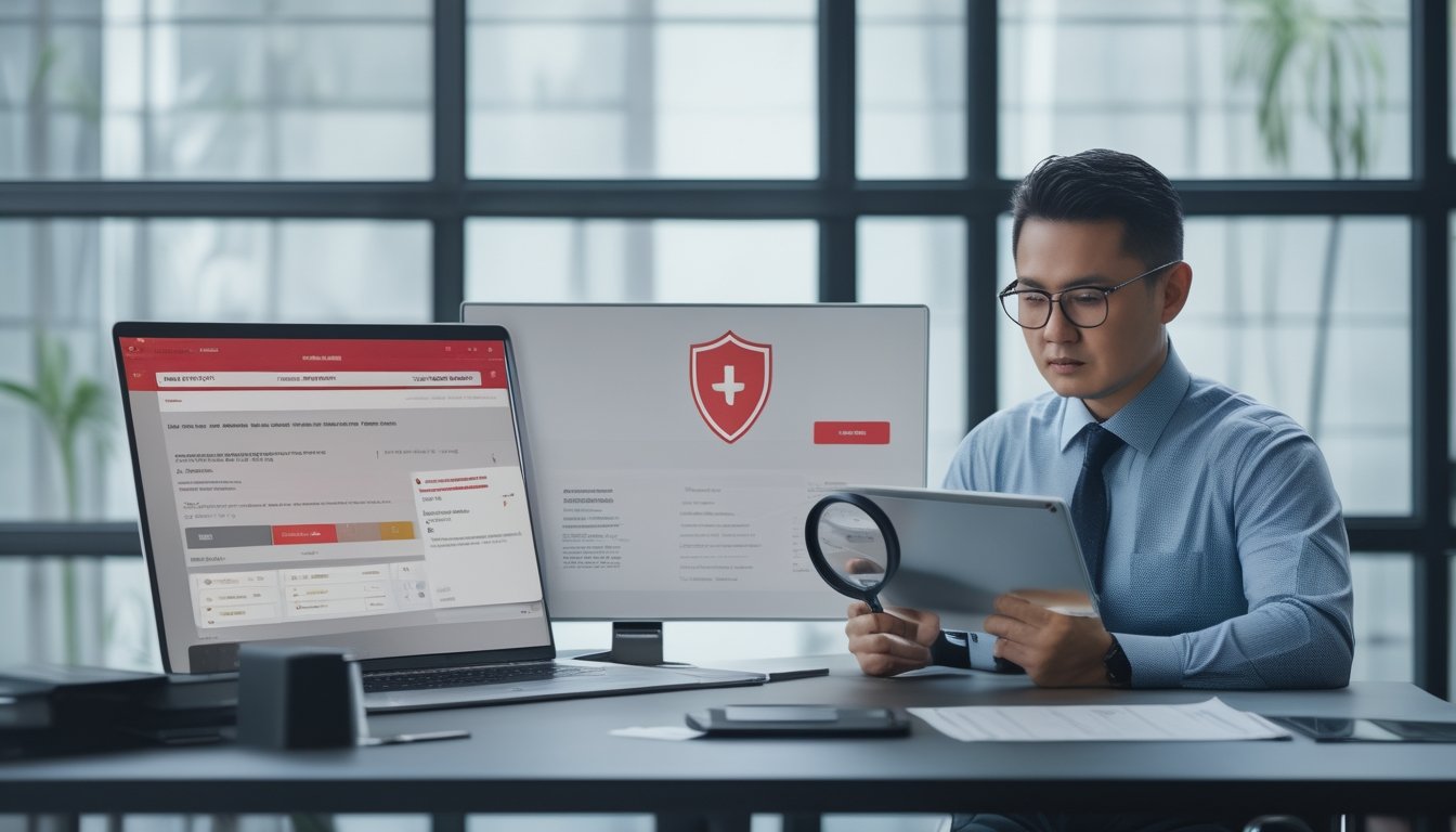 Seorang profesional Indonesia memeriksa dokumen dan simbol keamanan di meja kerja dengan laptop.