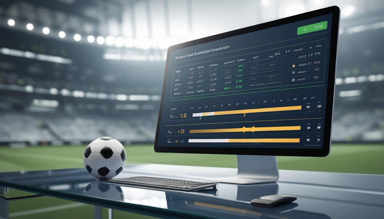 Bola sepak di depan layar komputer dengan grafik perbandingan peluang pertandingan dan latar stadion yang samar.