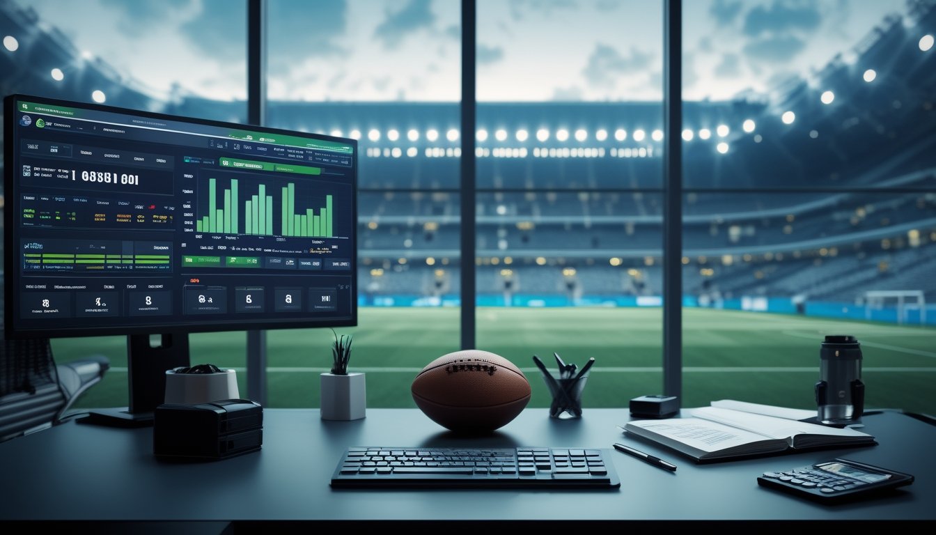 Meja kerja analisis olahraga dengan monitor statistik pertandingan sepak bola dan stadion bercahaya di latar belakang.