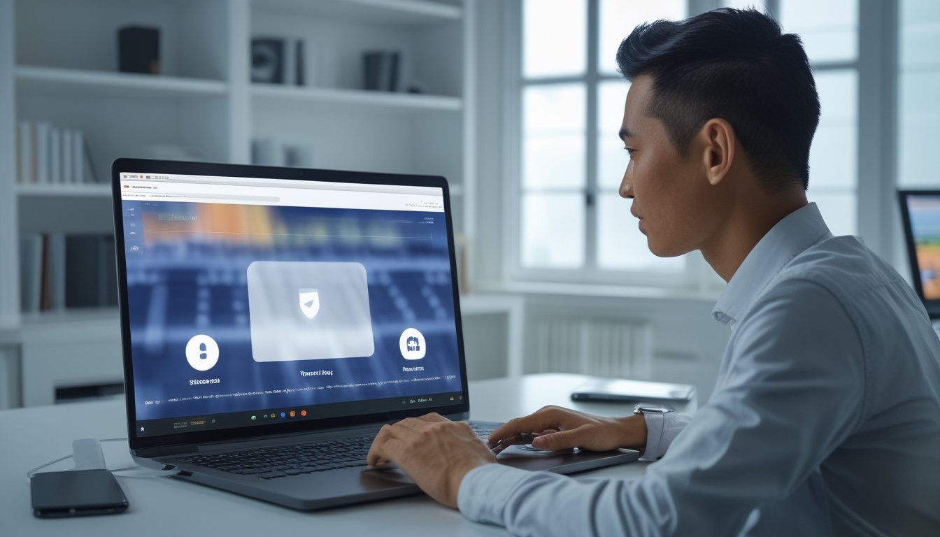 Orang dewasa menggunakan laptop dengan simbol keamanan digital dan suasana sepak bola di ruang kerja modern.