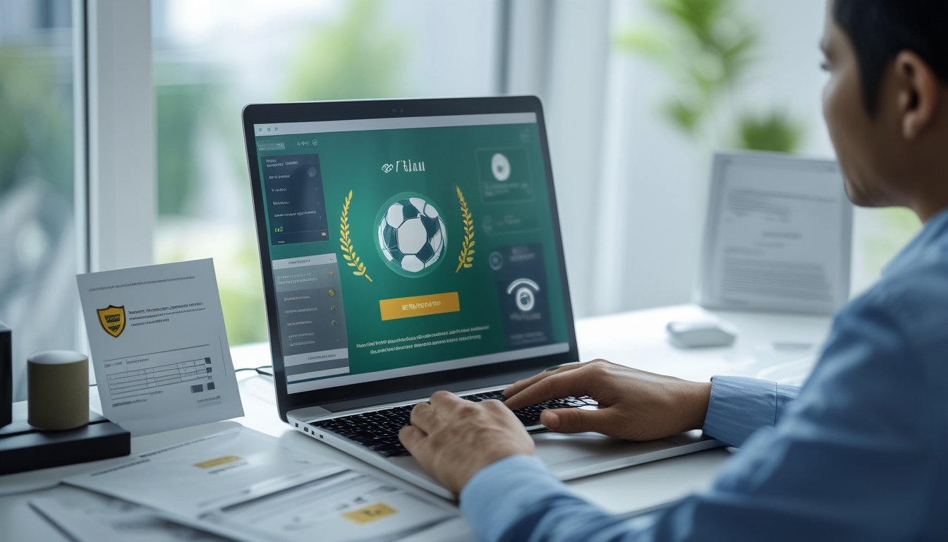 Seseorang memeriksa platform olahraga daring dengan simbol keamanan dan verifikasi di ruang kerja modern.